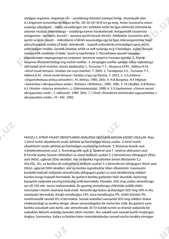 намунаси суд кимѐ лабораторияларига юборилиши шарт. биологик объект солинган банка яхшилаб беркитилиб, сўрғучли мухр босилиб, банкадаги этикеткага мурдани исми, фамилияси, туғилган йили банкадаги аъзо номи, юборилган суд тиббий экспертизаси акт номери, банкани тартиб номери ѐзилиб суд кимѐ лобараториясига юборилади. суд кимѐ лабораторияга биообъект билан бир қаторда суд тиббий экспертининг йўлланмаси ѐки суд тергов ташкилотларини экспертиза олиб бориш тўғрисидаги қарори юборилади республика ишлаб чиқариш корхоналари чиқиндилари ва уларнинг экологик муҳитга таъсири мамлакатимизда атроф-муҳитни муҳофаза қилишни таъминлаш, табиий ресурслардан оқилона фойдаланиш, шунингдек, ҳудудларнинг санитария ва экологик ҳолатини яхшилаш, чиқиндилар билан ишларни ривожлантириш мақсадида, давлат экология қўмитасига юклатилган вазифаларни амалга ошириш доирасида бир қатор ишлар олиб борилмоқда. жумладан, тошкент вилояти республикада саноатлашган ҳудуд ҳисобланиб, бу вилоятда экологик ҳолат устидан давлат назоратини ҳамда атроф муҳитни ифлослантирувчи манбаларда мониторинг кузатувларини мунтазам олиб бориш талаб этилади, ҳамда давлат экология қўмитаси олдида турган муҳим масалалардан бири ҳисобланади. ҳозирги кунда, вилоят ҳудудида 1.932 та объектлар фаолият юритиб, улардан …