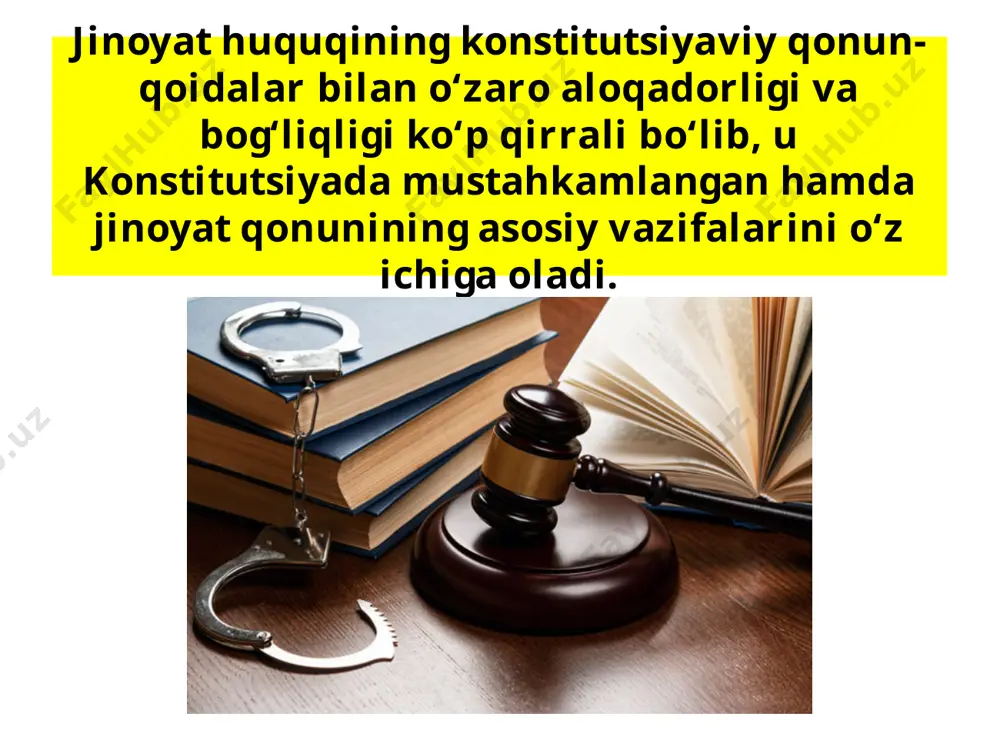 larini aniqlash; jinoyat toifasiga kiritilgan qilmishlar doirasini aniqlash; jinoiy jazo choralarini tayinlash; jazodan tashqari huquqiy ta’sir choralarini tayinlash va hokazo. mazkur vazifalarni amalga oshirishda jinoyat kodeksi qonuniylik, fuqarolarning qonun oldida tengligi, demokratizm, insonparvarlik, odillik, ayb uchun javobgarlik, javobgarlikning muqarrarligi prinsiplariga asoslanadi. mazkur tizimga kiritilgan barcha prinsiplar o‘zaro teng qimmatlidir. ularning har biri mustaqil mohiyatga ega bo‘lib, davlatning jinoyat huquqiga oid siyosatini amalga oshirish uchun zarur bo‘lgan bir qator vazifalarni bajaradi. o‘zbekiston respublikasi jinoyat huquqining asosiy prinsiplariga: qonuniylik — sodir etilgan qilmishning jinoiyligi, jazoga sazovorligi va boshqa huquqiy oqibatlari faqat jinoyat kodeksi bilan belgilanadi. fuqarolarning qonun oldida tengligi — jinoyat sodir etgan shaxslar jinsi, irqi, millati, tili, ijtimoiy kelib chiqishi, e’tiqodi, shaxsiy va ijtimoiy mavqeyidan qat’i nazar, bir xil huquq va majburiyatlarga ega; demokratizm — jamoat birlashmalari, fuqarolarning o‘zini-o‘zi boshqarish organlari yoki jamoalar jinoyat sodir etgan shaxslarni ahloqni tuzatish ishiga qonunda nazarda tutilgan hollarda jalb qilishlari mumkin; insonparvarlik — jazo va …