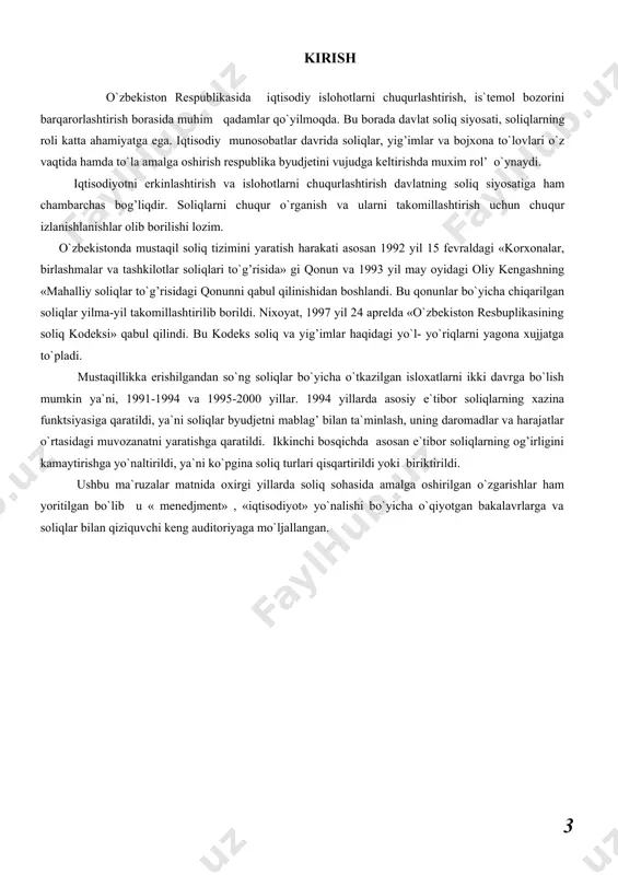 ndirishning shakallari, tamoyillari va elementlaridan iborat. 1.2 soliqlarning funktsiyalari. funktsiya – bu iqtisodiy kategoriyani amalda namoyon bo`lishi va ro`yobga chiqishini ko`rsatadi. juda ko`p adabiyotlarda soliqlarning funktsiyalari 3 ta deb keltiriladi: 1. fiskal funktsiya. 2. boshqaruvchilik funktsiyasi (iqtisodiy rag’batlantiruvchi). 3. daromadlarni qayta taqsimlash funktsiyasi. soliqlarning asosiy funktsiyasi fiskal hisoblanadi. lotincha “fiscus” so`zi «xazina» degan ma`noni anglatadi. davlat o`z funktsiyalarini to`la – to`kis amalga oshirish maqsadida byudjetni, moliyaviy mablag’ni soliqlar yordamida to`ldiradi. soliq tizimi fiskal funktsiyadan kelib chiqib, ishlab chiqarishning o`sishiga to`sqinlik qilmasligi, bozor munosabatlari rivojiga aks ta`sir etmasligi zarur. davlat soliqlarning boshqaruvchilik funktsiyasidan foydalanib soliqlar orqali ishlab chiqarishga ma`lum sharoitlar yaratadi va iqtisodiy faoliyat yuritishga ma`lum «soliq iqlimi»ni yaratadi. davlat soliqlarning boshqaruvchilik funktsiyasidan foydalanib xalq xo`jaligini rivojlantirishni qo`llab – quvvatlaydi va shuning barobarida davlat xazinasini to`ldira boradi. soliqlarning yana bir funktsiyasi qayta taqsimlinishdir. soliqlar yordamida korxonalar, tashkilotlar, tadbirkor va fukarolarning daromadining bir qismi qayta taqsimlanib, sotsial va sanoat infrastrukturalarini rivojlantirishga katta …