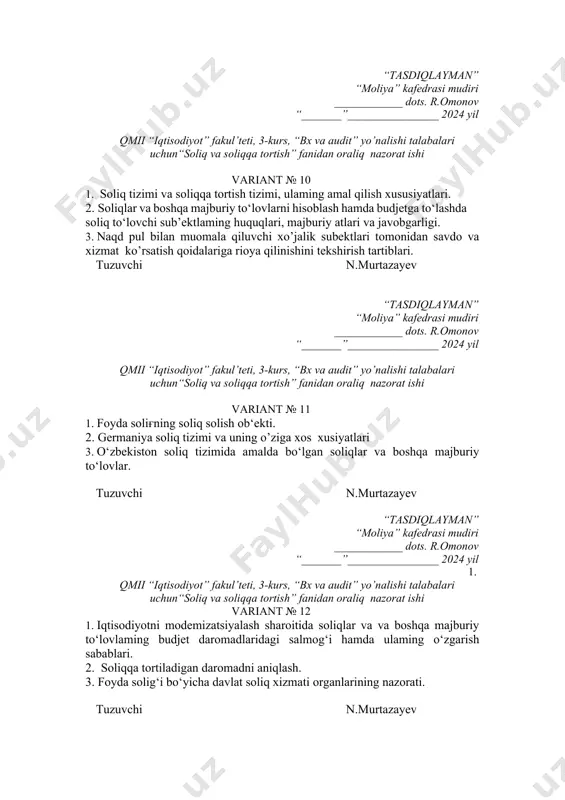 o‘zgarish sabablari. 2. soliqqa tortiladigan daromadni aniqlash. 3. foyda solig‘i bo‘yicha davlat soliq xizmati organlarining nazorati. tuzuvchi n.murtazayev “tasdiqlayman” “moliya” kafedrasi mudiri ____________ dots. r.omonov “_______”________________ 2024 yil 2. qmii “iqtisodiyot” fakul’teti, 3-kurs, “bx va audit” yo’nalishi talabalari uchun“soliq va soliqqa tortish” fanidan oraliq nazorat ishi variant № 13 1. foyda solig’ni hisoblash va ato‘lash muddatlari 2. soliqlar va boshqa majburiy to‘lovlar: iqtisodiy mohiyatiga ko‘ra guruhlanishi; budjetga tushishiga ko‘ra guruhlanishi; soliq to‘lovchilari nuqtai-nazaridan guruhlanishi. 3. yuridik shaxslaming jami daromadlari tarkibi. tuzuvchi n.murtazayev “tasdiqlayman” “moliya” kafedrasi mudiri ____________ dots. r.omonov “_______”________________ 2024 yil 3. qmii “iqtisodiyot” fakul’teti, 3-kurs, “bx va audit” yo’nalishi talabalari uchun“soliq va soliqqa tortish” fanidan oraliq nazorat ishi variant № 14 1. yuridik shaxslardan undiriladigan soliqlar va boshqa majburiy tolovlar tarkibi 2. foyda solig‘i bo’yicha imtiyozlar. 3. muddatida bajarilmagan soliqlar va boshqa majburiy to‘lovlar bo‘yicha soliq majburiyatlarini bajarish usullari. tuzuvchi n.murtazayev “tasdiqlayman” “moliya” kafedrasi mudiri ____________ dots. r.omonov …
