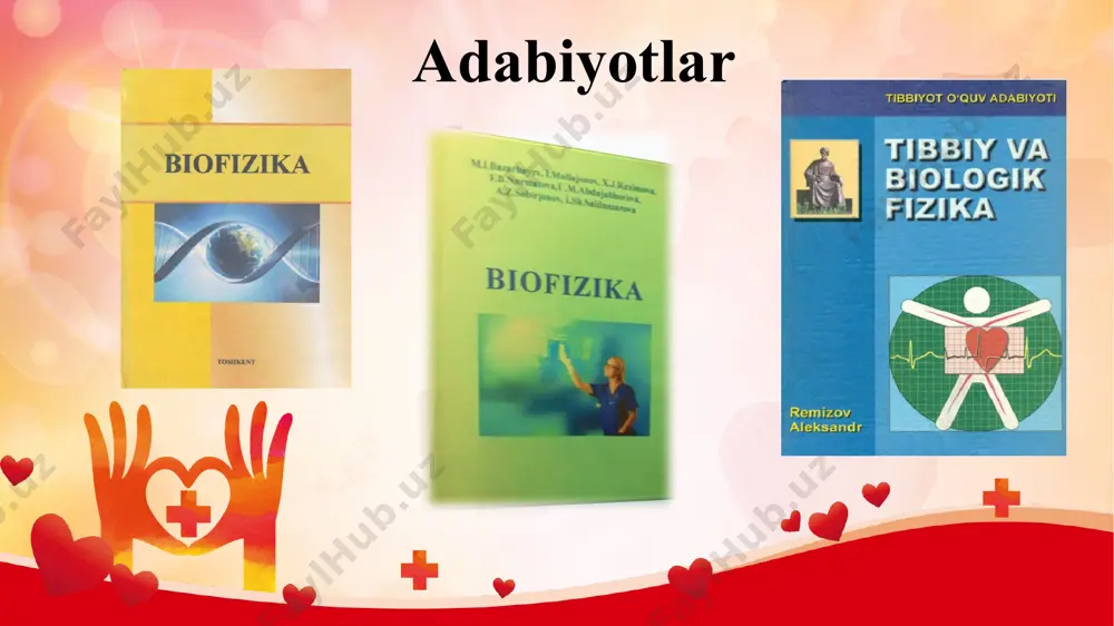tashqi kuch ta’sirida jismning shakli va hajmining o’zgarishiga aytiladi. jism moddasining xususiyatlariga qarab deformasiya 2 xil bo’ladi: elastik plastik ∆l – absolyut uzayish ε – nisbiy uzayish yung moduli — fizikaviy kattalik boʻlib, jismga qoʻyilgan shunday kuchlanishga tengki, u jism uzunligini ikki marta uzaytiradi. "yung qonuni” e-sterjin nisbiy uzayishini 1 ga teng qila oladigan kuchlanish bilan aniqlanadi. ertalabki mashqlar paytida inson umurtqa pog'onasi boshdan kechiradi deformatsiya turlariga misollar. biologik to’qimalarning mexanik xossalari. tirik to’qimalarning muhim mexanik xossalaridan biri – mustahkamligidir. mustahkamlik – bu buzilishga qarshilik ko’rsatish xossasi. eng katta mustahkamlikka suyak to’qimasi ega. δsuyak=106 n/m2 odam suyagining mustahkamligi cu va al dan katta, lekin po’latnikidan kichik. travmotologiya va ortopediyada shuni nazarda tutish kerakki, suyakning siqilishga chidamliligi cho’zilishga nisbatan 1,8 marta katta. mustahkamlik chegarasi moddaning tuzilishiga va deformatsiya usuliga bog‘liq. masalan: insonning son suyagi uchun siqishdagi mustahkamlik chegarasi 170 mpa ga, cho‘zishdagi mustahkamlik chegarasi 124mpa ga teng. parchalanish- jism (material) bir …