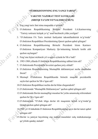 o'zbekistoning eng yangi tarixi yakuniy nazorat test savollari — DOCX