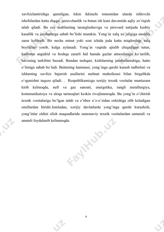 alarini tashkil etishlari, ularning ish faoliyatlarini doimiy nazorat qilib borishlari zarur. уоng‘in-texnik komissiyasi tarkibiga bosh mutaxassislar, mu- handis-quruvchilar, mehnat muhofazasi bo‘yicha muhandis va ko‘ngilli o‘t o‘chirish drujinasining boshlig‘i kiradi. komissiya bino va inshootlardan foydalanishda yong‘in muhofazasi qoidalariga amal qilinishini, yo‘1 qo‘yilayotgan kamchiliklarni, texnikalardan foydalanishdagi yong‘in muhofazasi holatini tekshirib boradi hamda tegishli choralar ko‘radi.yong‘inni o‘chirishda professional va ko‘ngilli o‘t o‘chirish jamiyatlari amalda faoliyat ko‘rsatadi. professional yong‘in muho-fazasi harbiylashtirilgan va harbiylash- tirilmagan turlarga bo‘linadi.tashkilotlar, korxonalar va хo‘jаliklаrdа yong‘in muhofazasini tashkillashtirish va оbyektlarning yong‘inga qarshi holatini ta’minlash ushbu tashkilotlarning rahbarlariga yuklatiladi. ular har bir ishlab chiqarish bo‘limi uchun buyruq bilan javobgar shaxsni belgilashlari va ularning ishini nazorat qilib borishlari zarur. хо‘jalik yoki korxonalarning ma’muriy-texnik xodimlari o‘zlariga tegishli оbyektlarni ko‘rish va ulardanfoydalanish davrida yong‘inga qarshi barcha tadbirlarni to‘liq amalga oshishini ta’minlashlari, yuqori yong‘in muhofazasi tashkilotlarining ko‘rsatmalari hamda qarorlarini bajarilishini nazorat qilib borishlari, yong‘in-qorovul muhofazasini, yong‘in-texnik komissiyasini va ko‘ngilli o‘t o‘chiruvchilar drujinalarini tashkil etishlari, ularning …