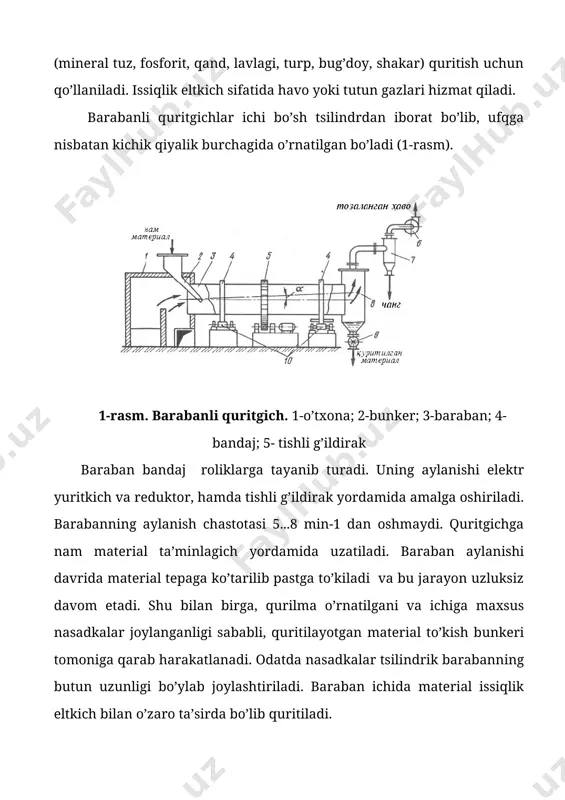 i kukunsimon fraksiya uchib ketmasligi uchun ventilyator haydayotgan issiqlik eltkich tezligi 2...3 mg’s dan oshmasligi kerak. ishlatilgan gazni atmosferaga chiqarib yuborishdan avval tsiklonda tozalanadi. barabanli quritgichlar diametri 1 dan 3,5 m gacha bo’ladi. diametri 2,8, 3,0 va 3,5 m li barabanlarning uzunliklari 14, 20 va 27 m qilib yasaladi. undan tashqari barabanli vakuum-quritgichlar ham sanoatning turli sohalarida ishlatiladi. ko’pincha bu qurilmalar davriy ishlaydigan bo’ladi. ushbu quritgichlar issiqlikka sezgir materiallardan suv va organik eritmalarni yo’qotish, hamda zaharli materiallarni quritish uchun qo’llaniladi. barabanli vakuum - quritgichlar gerbitsid, zaharli dorilar, ba’zi bir polimerlarni ishlab chiqarish, hamda meditsina, oziq - ovqat, kimyo va farmasevtika sanoatlarida ishlatiladi. kamerali quritkichlar konvektiv qurilmalar ichida eng sodda tuzilgan va qobiq 1 ichida vagonetka 2 lar joylashgan bo’ladi. (3-rasm). vagonetkalar tokchalarida nam material joylashtiriladi. xavo kaloriferda qizdirilib, ventilyator yordamida xaydaladi va material ustidan yoki ichidan o’tib namlikni bug’latadi. ishlatib bo’lingan xavoning bir qismi yangi xavo bilan aralashtiriladi. bu turdagi …