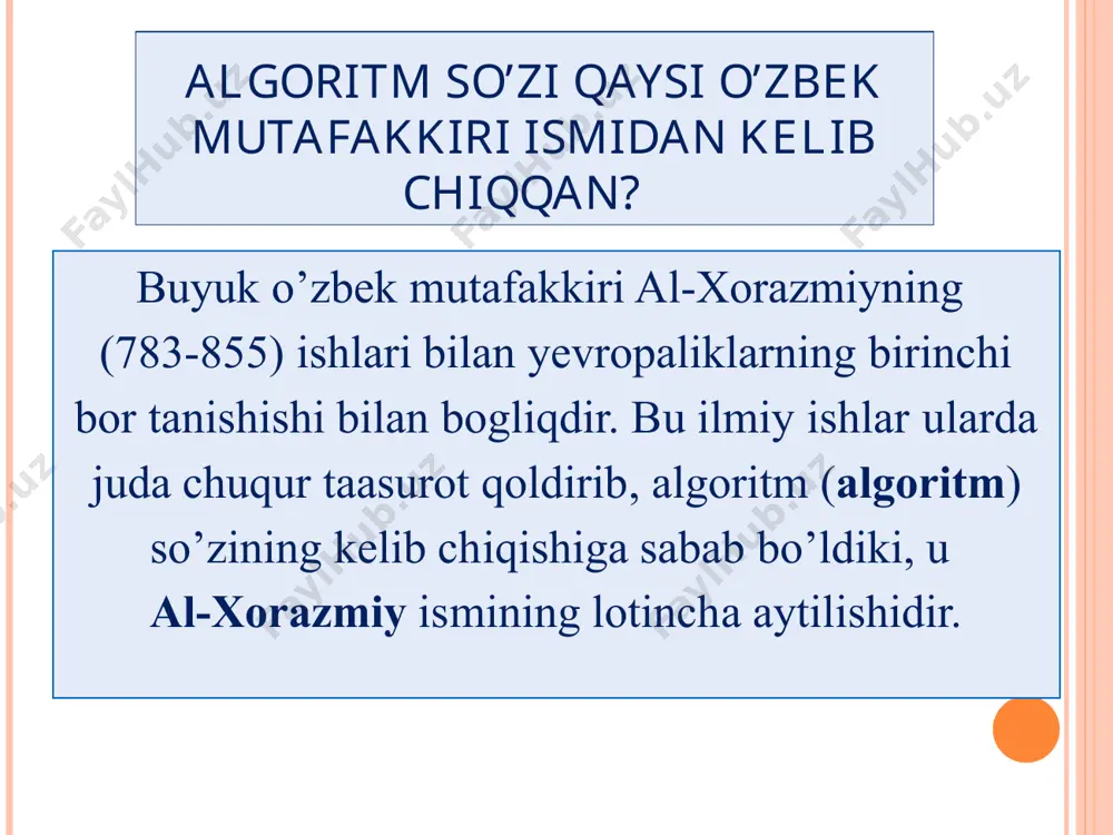 krorlanuvchi jarayon uchun namuna misol ketma - ketlikni toping! a) hisoblash algoritmini tuzish c) masalani qo’yilishi f) масаланинг матeматик модeлини тузиш e) algoritmik tilda dastur tuzish b) dasturni kompyuter xotirasiga kiritish va tuzatish d) olingan natijalarni tahlil qilish 1-bosqich 2-bosqich 4-bosqich 3-bosqich 5-bosqich 6-bosqich @sharipovyashin sharifovyashin@gmail.com +998 97 294 93 92 unknown-0.unknown unknown-1.unknown unknown-2.unknown å = 10 1 3 1 n n c bx e ax y x + × × = - sin 2 e , 0 , ) cos( 0 2 = £ £ + = - t b at h t t t bt a e y