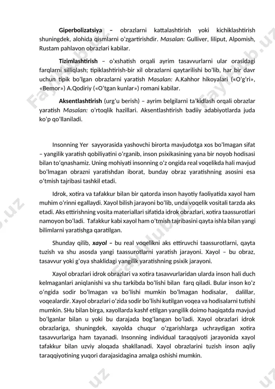 noyob hodisasi bilan to‘qnashamiz. uning mohiyati insonning o‘z ongida real voqelikda hali mavjud bo‘lmagan obrazni yaratishdan iborat, bunday obraz yaratishning asosini esa o‘tmish tajribasi tashkil etadi. idrok, xotira va tafakkur bilan bir qatorda inson hayotiy faoliyatida xayol ham muhim o‘rinni egallaydi. xayol bilish jarayoni bo‘lib, unda voqelik vositali tarzda aks etadi. aks ettirishning vosita materiallari sifatida idrok obrazlari, xotira taassurotlari namoyon bo‘ladi. tafakkur kabi xayol ham o‘tmish tajribasini qayta ishla bilan yangi bilimlarni yaratishga qaratilgan. shunday qilib, xayol – bu real voqelikni aks ettiruvchi taassurotlarni, qayta tuzish va shu asosda yangi taassurotlarni yaratish jarayoni. xayol – bu obraz, tasavvur yoki g‘oya shaklidagi yangilik yaratishning psixik jarayoni. xayol obrazlari idrok obrazlari va xotira tasavvurlaridan ularda inson hali duch kelmaganlari aniqlanishi va shu tarkibda bo‘lishi bilan farq qiladi. bular inson ko‘z o‘ngida sodir bo‘lmagan va bo‘lishi mumkin bo‘lmagan hodisalar, dalillar, voqealardir. xayol obrazlari o‘zida sodir bo‘lishi kutilgan voqea va hodisalarni tutishi mumkin. …