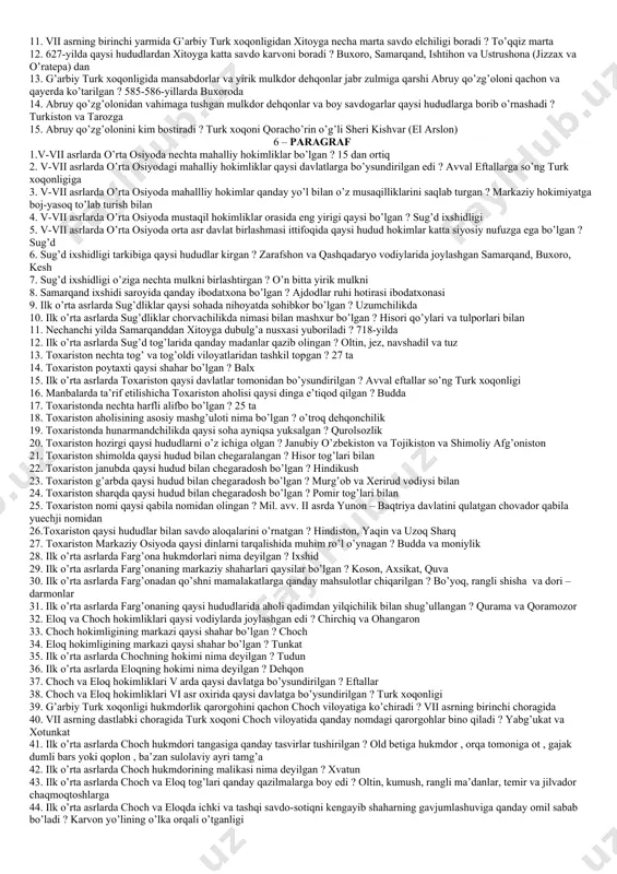 boshlarida 3 - paragraf 45. eftallarning asosiy mashg’uloti nima bo’lgan ? chorvachilik 46. eftallar davrida qaysi hududlar dehqonchilik hamda bog’dorchilik rivoj topgan markazlar hisoblangan ? toxariston va sug’d 47. qayerlik tarixchilarning ma’lumotlarida qayd etilishicha v-vi asrlarda o’rta osiyoda hududlarida paxta ekilgan ? xitoylik 47. xitoy tarixchilarining ma’lumoticha qaysi hududlarda paxta ekilgan ? sharqiy turkiston va o’rta osiyo 48. eftallar davrida ziroatkor yerlarning kattagina qismi kimlarning qo’lida bo’lgan ? qishloq jamoalarining 49. eftallar davrida “xvabular” kimlar ? qabila va urug’oqsoqollari 50. ilk o’rta asrlardan hozirga qadar toshkent vahasi va janubiy qozog’iston yerlarini suv bilan ta’minlagan kanallar qaysilar ? zogáriq (zovariq) va bo’zsuv 51. dargóm kanali qachon barpo etilgan ? v asrda 52. dargóm kanali qaysi hududni suv bilan ta’minlaydi ? samarqand viloyatining janubiy tumanlarini 53. chogániyon , samarqand, buxoro , kesh, toshkent atroflari nechanchi asrda o’zlashtirilgan ? v asrda 54. tashqi savdo bojidan manfaatdor bo’lgan eftallar qaysi yo’lni o’z nazoratida ushlab …