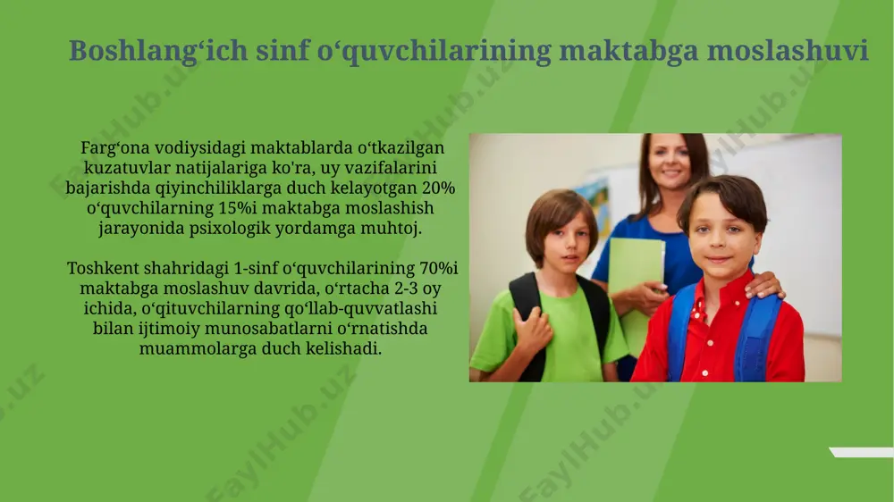 ilan kurashishda qiyinchiliklarga duch kelganligi aniqlangan. ota-onalarning taʼsiri oʻquvchilarning 70%i toshkentdagi maktablarda oʻqishning dastlabki 3 oyida moslashish qiyinchiliklarini boshdan kechiradi, bu ularning oʻqish samaradorligiga va ijtimoiy munosabatlariga salbiy taʼsir koʻrsatadi. andijon shahridagi eksperimental maktablarda qoʻllanilgan yangi oʻquv dasturi tufayli, 1-sinf oʻquvchilarining 15%ida moslashuv davri 2 oyga qisqardi, bu esa ijobiy natijalarga olib keldi. e'tiboringiz uchun rahmat @taqdimot_robot image1.jpg image2.jpg image3.jpg image4.jpg image5.jpg image6.jpg image7.jpg image8.jpg image9.jpg