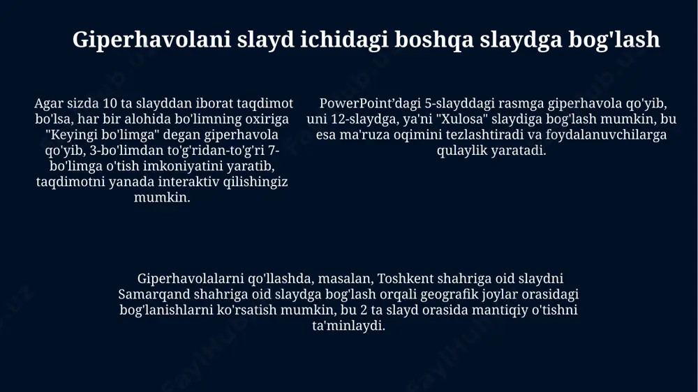irini o'zgartirmoqchi bo'lsangiz, avvalgi havolani o'chiring va keyin yangi, to'g'ri havolani qo'shing. giperhavolani o'chirish uchun, uni sichqonchaning o'ng tugmasi bilan bosing va kontekst menyusiga chiqqan "giperhavola o'chirish" buyrug'ini tanlang. bu harakat 2-3 soniyada bajarilishi mumkin. giperhavolani tahrirlash uchun, uni ikki marta bosing yoki o'ng tugmachani bosgan holda "giperhavola tahrirlash"ni tanlang. keyin esa, yangi manzil yoki faylni, masalan, "c:\documents\presentation.pptx" faylini ko'rsating. giperhavolani veb-saytga bog'lash giperhavolalarni yaratishda, matn yoki rasmni tanlab, "insert" yorlig'idagi "hyperlink" funksiyasidan foydalanishingiz mumkin. masalan, "toshkent" so'zini tanlab, uni vikipediyaning toshkent haqidagi sahifasiga bog'lashingiz mumkin. powerpoint taqdimotlarida giperhavola yordamida 5 ta turli xil fayl turini (masalan, pdf, word, excel) ochish mumkin. faylning joylashgan manzilini to'g'ri ko'rsatish muhim, masalan, "c:\fayllar\hujjat.pdf". powerpoint’da 123.uz kabi veb-saytga giperhavola qo'shish uchun, "insert" yorlig'idagi "hyperlink" tugmasini bosing va manzil satriga veb-saytning to'liq url manzilini kiriting, masalan, https://www.123.uz. giperhavolani boshqa faylga bog'lash powerpoint’da giperhavola yaratishda fayl manzilini aniq ko‘rsatish juda muhim, masalan, “c:\hujjatlar\2023\hisobot.docx” kabi to‘liq yo‘lni …