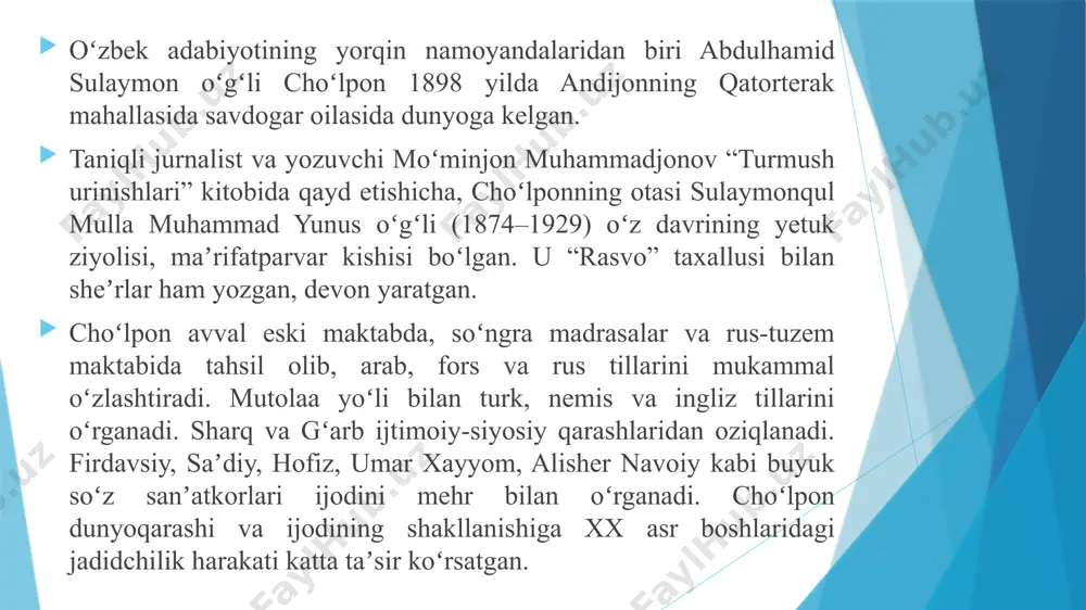 borada uning, ayniqsa, “adabiyot nadir?”, “muhtaram yozuvchilarimizgʻa” kabi maqolalari adabiyotning maqsad va vazifalarini anglashda muhim rol oʻynadi. cho`lpon ijodiy faoliyati shoir yozuvchi dramaturg tarjimon cho`lpon she’riy to`plamlari o`zbek yosh shoirlari (1923) buloqlar (1923) adabiyot parchalari (1926) uyg`onish (1922) go`zal yozg`ichlar (1925) tong sirlari (1926) u 1914–1917 yillarda yaratgan “qurboni jaholat”, “doʻxtir mahammadiyor” singari hikoyalari, “vatanimiz turkistonda temir yoʻllar” singari maqolalarida madaniyat va maʼrifat targʻibotchisi sifatida maydonga chiqdi. u oktyabr toʻntarishidan keyingi yillarda hayotda sodir boʻlayotgan xush va noxush oʻzgarishlarni qalamga oldi. “yoʻlda bir kecha”, “sharq poyezdi keldi”, “sharq uygʻongan”, “ quturgan mustamlakachilar”, “yoʻl esdaligi” singari oʻnlab ocherk va publitsistik maqolalarida chor mustamlakachilari va mahalliy hokim sinf vakillari yetkazgan jabru jafolarni, fuqarolar urushi davrida roʻy bergan fojialarni tasvirladi. cho`lpon dramalari “yorqinoy” (1920) “uzunquloq bobo” “qoravul uyqusi” (1922) “o`rtoq qarshiboyev” (1928) “hujum” (1928) “yana uylanaman” (1926) “mushtumzo`r” (1929) cho`lpon nasriy asarlari 9 “qurboni jaholat” “vayronalar orasidan” “oydin kechalarda” “qor qo`ynida lola” “do`xtur …