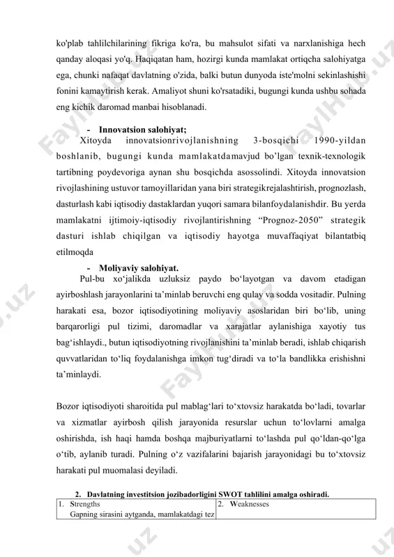 lab chiqarish hajmining sezilarli pasayishi xarakterli bo'lib qoldi. shu bilan bir qatorda, jahonning ko'plab tahlilchilarining fikriga ko'ra, bu mahsulot sifati va narxlanishiga hech qanday aloqasi yo'q. haqiqatan ham, hozirgi kunda mamlakat ortiqcha salohiyatga ega, chunki nafaqat davlatning o'zida, balki butun dunyoda iste'molni sekinlashishi fonini kamaytirish kerak. amaliyot shuni ko'rsatadiki, bugungi kunda ushbu sohada eng kichik daromad manbai hisoblanadi. · innovatsion salohiyat; xitoyda innovatsionrivojlanishning 3-bosqichi 1990-yildan boshlanib, bugungi kunda mamlakatdamavjud bo’lgan texnik-texnologik tartibning poydevoriga aynan shu bosqichda asossolindi. xitoyda innovatsion rivojlashining ustuvor tamoyillaridan yana biri strategikrejalashtirish, prognozlash, dasturlash kabi iqtisodiy dastaklardan yuqori samara bilanfoydalanishdir. bu yerda mamlakatni ijtimoiy-iqtisodiy rivojlantirishning “prognoz-2050” strategik dasturi ishlab chiqilgan va iqtisodiy hayotga muvaffaqiyat bilantatbiq etilmoqda · moliyaviy salohiyat. pul-bu xo‘jalikda uzluksiz paydo bo‘layotgan va davom etadigan ayirboshlash jarayonlarini ta’minlab beruvchi eng qulay va sodda vositadir. pulning harakati esa, bozor iqtisodiyotining moliyaviy asoslaridan biri bo‘lib, uning barqarorligi pul tizimi, daromadlar va xarajatlar aylanishiga xayotiy tus bag‘ishlaydi., butun …