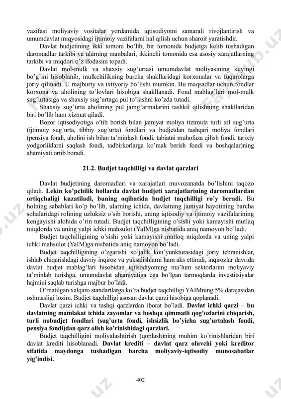g turli shakllariga asoslangan korxonalar, iqtisodiyot tarmoqlari, moddiy ishlab chiqarish sohalari, mamlakat hududlari o’rtasida taqsimlash va qayta taqsimlashda namoyon bo’ladi. moliyaning rag’batlantiruvchilik vazifasi, birinchidan, yaratilgan mahsulot qiymatini taqsimlash jarayoni orqali, ikkinchidan, pul fondlarini tashkil qilish va sarflash mеxanizmi orqali amalga oshiriladi. moliyadan ishlab chiqarish, taqsimlash va istе’mol ustidan nazorat qilish vositasi sifatida foydalaniladi. moliyaviy nazorat korxona (firma)larning moliya intizomiga rioya qilish uchun moddiy javobgar bo’lish tizimi, turli soliqlar undirib olish va mablag’ bilan ta’minlash tizimi orqali amalga oshiriladi. moliyaviy munosabatlar va ularga xizmat qiluvchi maxsus muassasalar jamiyatning moliya tizimini tashkil qiladi. bu tizim davlat va boshqa turli darajadagi budjеtlarni, ijtimoiy, mol-mulk va shaxsiy sug’urta fondlarini, davlatning valyuta zaxiralarini, banklar, pul muomalasi, krеdit va soliq tizimi, korxona va firmalar, tijorat va notijorat tuzilmalarining pul fondlarini, boshqa maxsus pul fondlarining harakatini o’z ichiga oladi. eng avvalo, korxona (tarmoq)lar va umumdavlat moliyasini bir-biridan farqlash lozim. korxona va tarmoqlar moliyasi ulardagi takror ishlab chiqarish …
