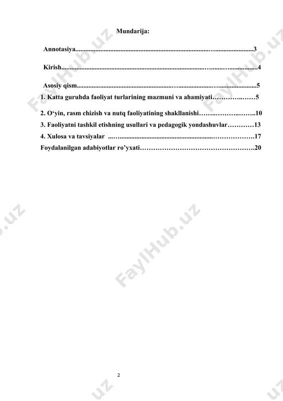 bolalar bilan olib boriladigan pedagogik ishlar ularning kelajakdagi shaxsiy kamoloti, intellektual va axloqiy rivojlanishiga asos bo‘lib xizmat qiladi. mazkur yosh davri bola hayotidagi faol o‘zgarishlar, atrof-muhitga qiziqish ortishi, mustaqil harakatlar sonining ko‘payishi bilan ajralib turadi. shuning uchun bu bosqichda tarbiyaviy va o‘quv faoliyatini to‘g‘ri tashkil etish, bolaning yosh va psixologik xususiyatlariga mos yondashuvlardan foydalanish muhim ahamiyatga ega. katta yosh guruhidagi bolalar bilan olib boriladigan asosiy faoliyat turlariga o‘yin, mehnat, nutqiy, tasviriy va musiqiy faoliyatlar kiradi. har bir faoliyat turi bolaning ma’naviy-ruhiy va jismoniy rivojlanishiga xizmat qiluvchi vosita hisoblanadi. ushbu faoliyatlar orqali bolalar tafakkur qiladi, ijtimoiy rollarni o‘zlashtiradi, nutqini rivojlantiradi va atrof-muhitni bilib boradi. mavzuning dolzarbligi. bugungi kunda ta’lim tizimida bolalarning ilk yoshlaridanoq to‘laqonli rivojlanishini ta’minlash davlat siyosatining ustuvor yo‘nalishlaridan biri bo‘lib qolmoqda. ayniqsa, 5-7 yosh oralig‘idagi katta yosh guruhida tarbiyalanuvchilarning shaxsiy qobiliyatlarini yuzaga chiqarish va rivojlantirishda faoliyat turlarining o‘rni nihoyatda muhimdir. pedagogika fanining rivojlanishi, zamonaviy metodik yondashuvlarning joriy etilishi hamda …