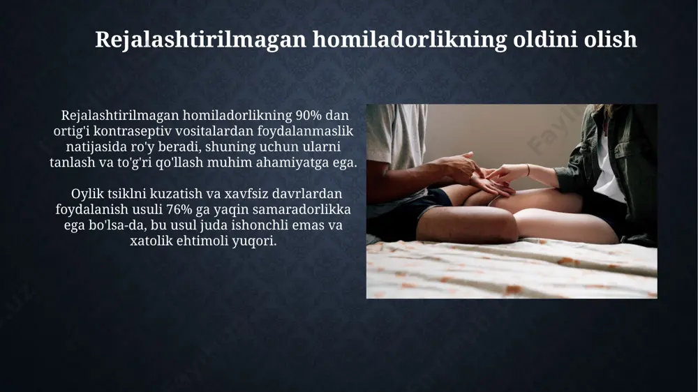 beradi. jinsiy ta'lim va ma'lumot jinsiy ta'lim dasturlari ishtirokchilari orasida qoniqarsiz munosabatlar soni 15% ga kamayganligi va o'zaro hurmat asosidagi munosabatlar soni 30% ga oshganligi kuzatilgan. jinsiy sog'liqni saqlash bo'yicha 10 ta asosiy faktni bilish, xavfsiz jinsiy aloqa qilish ehtimolini 70% ga oshiradi va istalmagan homiladorlik xavfini kamaytiradi. o'zaro hurmat va rozilik rozilik har qanday jinsiy aloqaning ajralmas shartidir; har qanday jinsiy harakatga ikkinchi tomonning aniq, xabardor va erkin berilgan roziligi bo'lishi kerak, bosim yoki aldovsiz. jinsiy sog'liqni saqlash bo'yicha 3 ta muhim maslahat: bir-biringizga ochiq bo'ling, xavfsiz jinsiy aloqa usullarini qo'llang va kerak bo'lganda professional yordamga murojaat qiling. e'tiboringiz uchun rahmat @taqdimot_robot image2.jpg image3.jpg image4.jpg image5.jpg image6.jpg image7.jpg image8.jpg image9.jpg image10.jpg image11.jpg image12.jpg image13.jpg image14.jpg image15.jpg image16.jpg image17.jpg image18.jpg