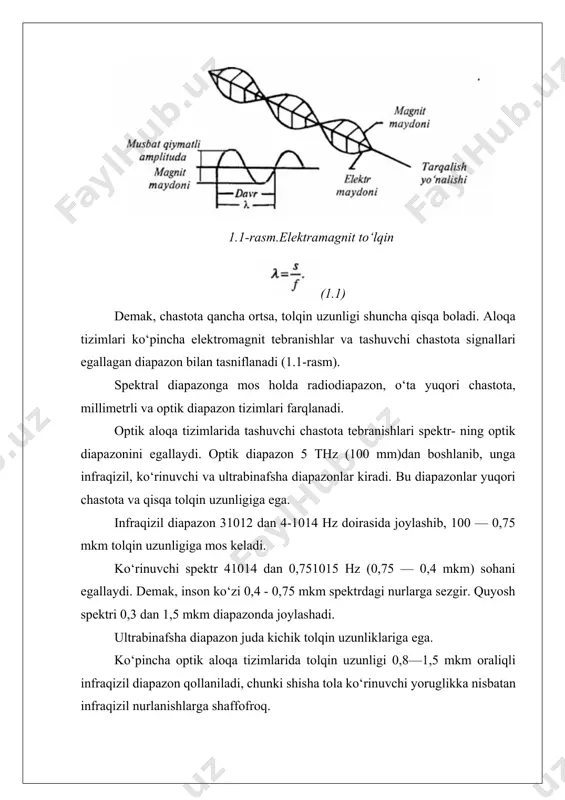 o‘rinuvchi yoruglikka nisbatan infraqizil nurlanishlarga shaffofroq. yoruglik zarrachalari fotonlar deyiladi. foton kvant yoki nurlanishni namoyon etadi. kvant nurlanishning elementar birhgi hisoblanadi. foton energiyasi uning chastotasiga bogliq. chastota ortgan sari energiya ortadi. ultrabinafsha diapazonga yuqori chastota va bunga bogliq holda yuqori energiya mos keladi. bir foton energiyasi: e — h *f bunda: / — uning chastotasi; h — plank doimiysi, 6,63 • 10 — 34 j • sek (joul • sekund). ya’ni, foton energiyasi uning chastotasiga bog‘liq va propor- sional. infraqizil nur (1013 hz) energiyasi e — 6,63 • 10 — 20j • sek. ko‘rinuvchi nur (1014-hz) energiyasi e = 6,63-10 — 19j • sek. ultrabinafsha nur (1015-hz) energiyasi e = 6,63-10 — 18 j- sek. optik signallar tarqaladigan uzatish muhitiga bogiiq holda oat ochiq optik aloqa tizimi va tolaii optik aloqa tizimlariga boiinadi. axborotlar ochiq optik uzatish muhiti orqali uzatilsa, ochiq optik aloqa tizimi (ooat), tolali optik uzatish muhiti orqali …