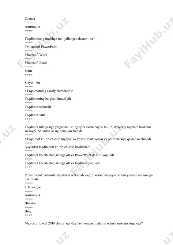 == 2 ta ==== 3 ta ==== 5 ta ++++ yachеykaga kanday ma'lumotlarni yozish mumkin ==== #son, matn, formula ==== rasm ==== summalarni ==== sonlarni bo’lib yozish mumkin ++++ microsoft excelda ishchi kitobidagi saxifa qanday nomlanadi ==== #лист1 ==== книга1 ==== лист ==== книга ++++ microsoft excelning asosiy elementi bo’lib nima xizmat qiladi ==== # yacheyka ==== qator va ustun ==== formula ==== buyruq ++++ microsoft exselда necha ustun va kator bor ==== #16384 ta utun va 1048576 ta qator ==== 25656ta ustun va 1255560 ta qator ==== 16594 ta ustun va 1655660 qator ==== 65536 ta ustun va 1205256 qator ++++ microsoft exselda tanlangan yacheykasiga o’tish uchun manzil qanday ko’rsatiladi ==== # ustun nomi va satr nomeri orqali ==== satr nomi va formulalar orqali ==== ustun nomi va xarflari ==== buyruq yordamida ++++ excel да диаграммаларни танлаш қайси меню орқали амалга оширилади? ==== # вставка ==== таблица ==== правка …