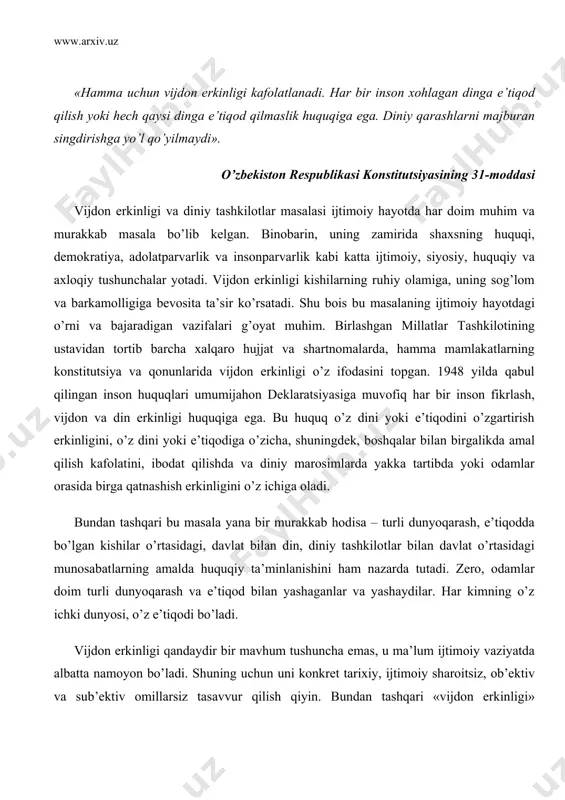 omillarsiz tasavvur qilish qiyin. bundan tashqari «vijdon erkinligi» tushunchasini ilmiy talqin qilishda milliy, mafkuraviy va madaniy omillarni ham albatta nazarda tutish kerak. shu jihatdan 1992 yilda qabul qilingan o’zbekiston respublikasining konstitutsiyasining 31-moddasida har bir fuqaro uchun vijdon erkinligi huquqining kafolatlanishi tabiiy holdir. yana bir muhim tomoni – keyingi yillarda davlat bilan diniy tashkilotlar o’rtasidagi o’zaro munosabatlarda salmoqli o’zgarishlar sodir bo’lmoqda. dinning jamiyatdagi o’rni tiklanmoqda. diniy uyushma va tashkilotlarning faoliyat ko’rsatishlariga imkoniyat yaratilmoqda. qator tarixiy obidalar diniy tashkilotlar ixtiyoriga o’tkazildi, yangi masjidlar ochilmoqda. diniy tashkilotlarning xalqaro aloqalari kun sayin kengayib bormoqda. mustaqillik yillarida vijdon erkinligi printsiplarini tiklash va unga og’ishmay amal qilish davr, kundalik hayot talabi va zaruriyatiga aylanib qoldi. 1991 yilda o’zbekiston respublikasi oliy majlisi «vijdon erkinligi va diniy tashkilotlar to’g’risida»gi qonunni qabul qildi. 1998 yilda bu qonunning yangi tahriri qabul qilinib, 15 may kuni matbuotda e’lon qilindi va shu kundan e’tiboran u kuchga kirdi. mazkur qonun 23 moddadan iborat. …