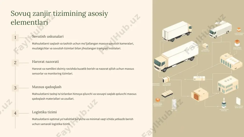 3 iqtisodiy samara sovuq zanjir tizimi mahsulot yo'qotishlarini kamaytiradi, bu esa fermerlar va savdo korxonalari uchun iqtisodiy foyda keltiradi. bundan tashqari, sifatli mahsulotlarni uzoq vaqt davomida taklif qilish imkoniyati raqobatbardoshlikni oshiradi. 3 sovuq zanjir tizimini qo'llash bosqichlari hosil yig'imi mahsulotlarni optimal vaqtda va usulda yig'ib olish. darhol sovutish jarayonini boshlash. dastlabki sovutish mahsulotlarni tezda boshlang'ich sovutish, haroratni pasaytirish uchun maxsus uskunalardan foydalanish. saqlash mahsulotlarni optimal harorat va namlik sharoitlarida maxsus omborlarda saqlash. tashish mahsulotlarni sovutish tizimi bilan jihozlangan maxsus transport vositalarida tashish. sotish chakana savdo nuqtalarida mahsulotlarni sovutish vitrinalarida saqlash va namoyish etish. 4 turli mahsulotlar uchun optimal saqlash haroratlari mahsulot turi optimal harorat (°c) nisbiy namlik (%) meva va rezavor mevalar 0-4 90-95 sabzavotlar 0-10 85-95 go'sht mahsulotlari -1-4 85-90 sut mahsulotlari 2-4 80-85 baliq mahsulotlari -1-2 95-100 5 sovuq zanjir tizimida qo'llaniladigan zamonaviy texnologiyalar iot sensorlari internet of things (iot) texnologiyasiga asoslangan sensorlar mahsulotlarning harorati va namligini real …