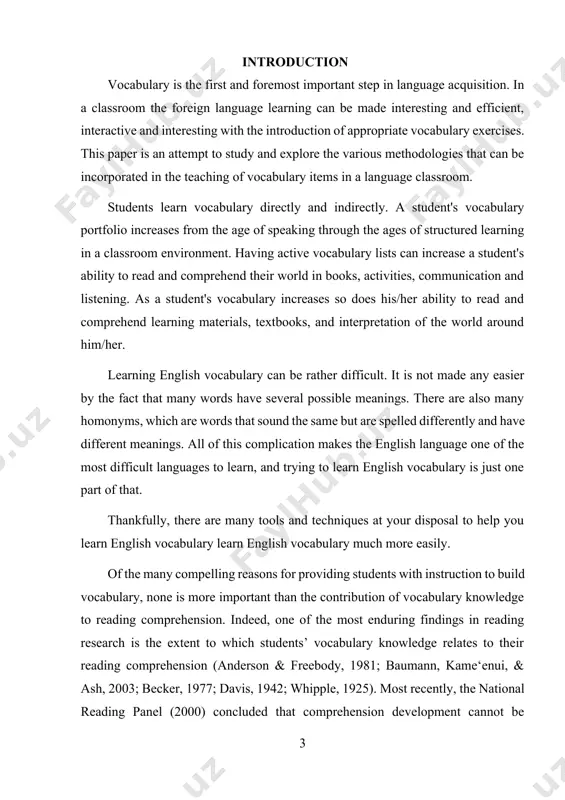 nguage. the aim of the course paper is to develop the methodic of teaching vocabulary and suggest such exercises which will stimulate the teaching process. the tasks of the course paper are the following: · determine the main patters of difficulty in vocabulary; · characterize the specific features of the vocabulary introduction; · give effective methodologies in teaching the english language vocabulary; · investigate the key strategies in teaching vocabulary; and specify the ways of determining the vocabulary comprehension. chapter i the problem of teaching and learning english lexica 1.1 patterns of teaching english lexica. broadly defined, vocabulary is knowledge of words and word meanings. however, vocabulary is more complex than this definition suggests. first, words come in two forms: oral and print. oral vocabulary includes those words that we recognize and use in listening and speaking. print vocabulary includes those words that we recognize and use in reading and …