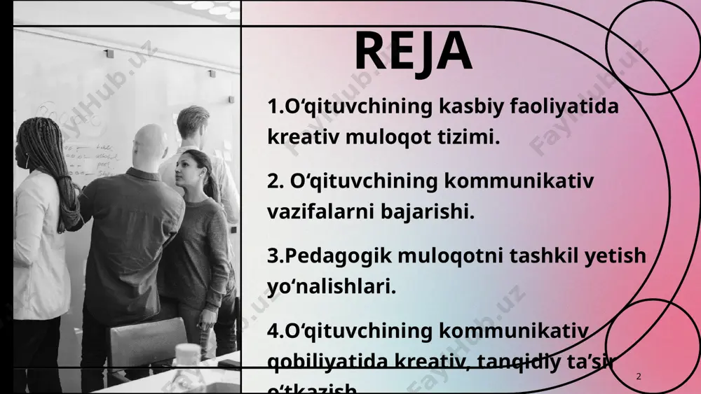 hi kreativ muloqotda turli interaktiv usullarni qo‘llaydi, masalan, guruh ishlari, muloqot o‘yinlari, roli o‘ynash (role-play), brainstorming (beyni storming) va boshqalar. bu usullar o‘quvchilarni darsga faol ishtirok etishga, o‘z fikrlarini muloqot jarayonida faol tarzda ifodalashga undaydi. ochiq va samimiy muloqot o‘qituvchi va o‘quvchilar o‘rtasida ochiq va samimiy muloqot o‘rnatish juda muhim. bunda o‘qituvchi o‘quvchilarga o‘z fikrlarini bildirishda, xatolarini to‘g‘rilashda va yangiliklarni o‘rganishda yordamlashadi. bunday muloqot tizimi o‘quvchilarning o‘zini erkin his qilishiga va muvaffaqiyatsizliklardan qo‘rqmaslikga o‘rganishga yordam beradi. 6 7 innovatsion texnologiyalardan foydalanish kreativ muloqot tizimida zamonaviy texnologiyalardan foydalanish ham juda muhim. o‘qituvchi o‘quvchilarga onlayn platformalar, forumlar, video-konferensiyalar va boshqa interaktiv vositalar orqali samarali muloqot qilish imkonini yaratadi. emotsional intellektni rivojlantirish kreativ muloqot tizimi o‘qituvchining emotsional intellektini talab qiladi, ya'ni o‘qituvchi o‘quvchilarning ruhiy holatini, ularning ehtiyojlari va his-tuyg‘ularini tushunishi kerak. bu, o‘quvchilarning o‘z fikrlarini ifodalash va yangi ma'lumotlarni qabul qilishda ijobiy muhit yaratadi. 8 konstruktiv tanqid va muhokama kreativ muloqot tizimida o‘qituvchi …