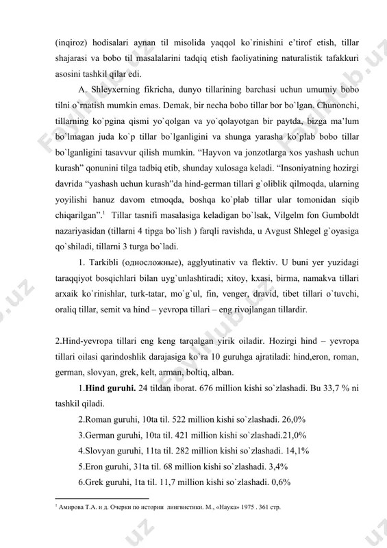 eng keng tarqalgan yirik oiladir. hozirgi hind – yevropa tillari oilasi qarindoshlik darajasiga ko`ra 10 guruhga ajratiladi: hind,eron, roman, german, slovyan, grek, kelt, arman, boltiq, alban. 1.hind guruhi. 24 tildan iborat. 676 million kishi so`zlashadi. bu 33,7 % ni tashkil qiladi. 2.roman guruhi, 10ta til. 522 million kishi so`zlashadi. 26,0% 3.german guruhi, 10ta til. 421 million kishi so`zlashadi.21,0% 4.slovyan guruhi, 11ta til. 282 million kishi so`zlashadi. 14,1% 5.eron guruhi, 31ta til. 68 million kishi so`zlashadi. 3,4% 6.grek guruhi, 1ta til. 11,7 million kishi so`zlashadi. 0,6% 7.kelt guruhi, 4ta til. 9,4 million kishi so`zlashadi. 0,5% 8. arman guruhi, 1ta til. 6 million kishi so`zlashadi. 0,3% 9. boltiq guruhi, 2ta til. 4,7 million kishi so`zlashadi. 0,2% 10.alban guruhi, 1 ta til. 4,5 million kishi so`zlashadi. 0,2% demak, hind – yevropa tillari jami 95 tildan hamda 2005,3 million so`zlovchidan iborat oiladir. bu tillarning barchasini umumlashtirib turuvchi tipologik xususiyat bor: ularning hammasi flektiv tipga …