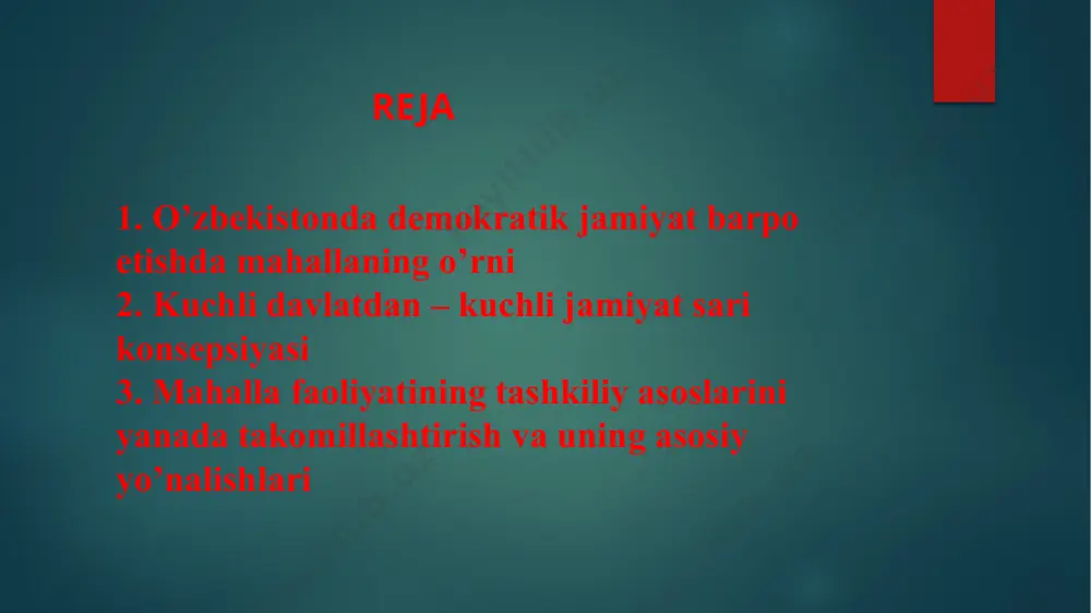 insiplari, saylovga tayyorgarlik ko‘rish va uni o‘tkazish tartib qoidalari hamda nomzodlarga qo‘yiladigan talablar ko‘rsatib o‘tildi. xususan, konsepsiyaning 5-yo‘nalishida fuqarolarning o‘zini o‘zi boshqarish organlari faoliyatining tashkiliy asoslarini yanada takomillashtirish, uning vazifalari ko‘lamini kengaytirish, davlat hokimiyati va boshqaruv organlari bilan o‘zaro yaqin munosabatlarini ta’minlash alohida dolzarb ahamiyat kasb etayotganligi qayd etilib, bu vazifani hal qilishda uchta asosiy masala ko‘rsatib berildi. i. aholini manzilli ijtimoiy qo‘llab-quvvatlashni amalga oshirishda fuqarolarning o‘zini o‘zi boshqarish organlari rolini oshirish. ii. fuqarolarning o‘zini o‘zi boshqarish organlarining jamoatchilik nazorati sohasidagi funksiyalarini yanada kengaytirish. iii. fuqarolarning o‘zini o‘zi boshqarish organlarini xususiy tadbirkorlik, shu jumladan oilaviy tadbirkorlik va hunarmandchilikni rivojlantirish markaziga aylantirish. konsepsiya ijrosi yuzasidan 2013-yil 22-aprelda “fuqarolarning o‘zini o‘zi boshqarish organlari to‘g‘risida”gi hamda “fuqarolar yig‘ini raisi (oqsoqoli) va uning maslahatchilari saylovi to‘g‘risida”2gi qonunlar yangi tahrirda qabul qilindi yangi tahrirdagi “fuqarolarning o‘zini o‘zi boshqarish organlari to‘g‘risida”gi qonunda fuqarolar yig‘inlariga tegishli hududdagi tadbirkorlik faoliyati sub’ektlarining huquqlari va qonuniy manfatlariga rioya etilishi hamda …