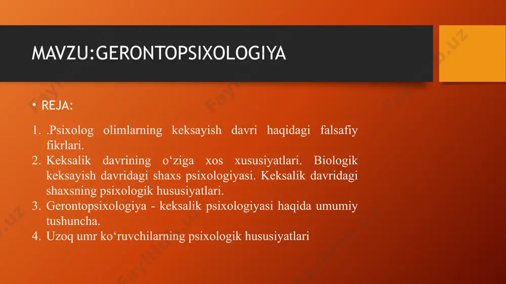 tologiyaning tadqiqot sohasi kengayib bordi, shu soha bo‘yicha ingliz tilida maxsus jurnallar chiqa boshladi. ilmiy izlanishlarning aksariyati keksayish davridagi odamlar shaxsining xususiyatlari, diqqati, xotirasi, tafakkuri, aql-zakovatiga bag‘ishlangan bo‘lib, boshqa psixik holatlar, jarayonlar juda kam tadqiq qilingan. hozir keksayish psixologiyasi ham gerontologiyaga, ham ongogenez psixologiyasi sohasiga taalluqli degan ikki xil ilmiy nazariya mavjud, vaholanki, ular o‘zaro bog‘liq bo‘lib, bir-birini doimo ilmiy axborot va ma’lumotlar bilan boyitib turadi. psixogerontologiya fanida gerontologiya, involyusiya, geriatriya, gerogigiena, geteroxronlik kabi ilmiy tushunchalar mavjud gerontologiya — grekcha so‘z bo‘lib, keksayishning, keksalikning kelib chiqishi demakdir. geriatriya so‘zi keksaygan inson shaxsini davolashni bildiradi. involyusiya tushunchasi evolyusiyaning teskarisi bo‘lib, o‘sishdan orqaga qaytishni ifodalaydi . gerogigiena — keksaygan odamning salomatligini saqlash va mustahkamlash sohasidir. gerogigiena keksa odamlarda asab, ruhiy kasalliklarning oldini olish uchun xizmat qiladi. geteroxronlik bir xil yoshdagi odamlarda ruhiy jarayonlarning turlicha (har xil vaqt va muddatda) namoyon bo‘lishidir. psixogerontologiya fanida gerontogenezning evolyusion omillari qatoriga i.v.davidovskiy nasliy, ekologik, biologik, ijtimoiy …