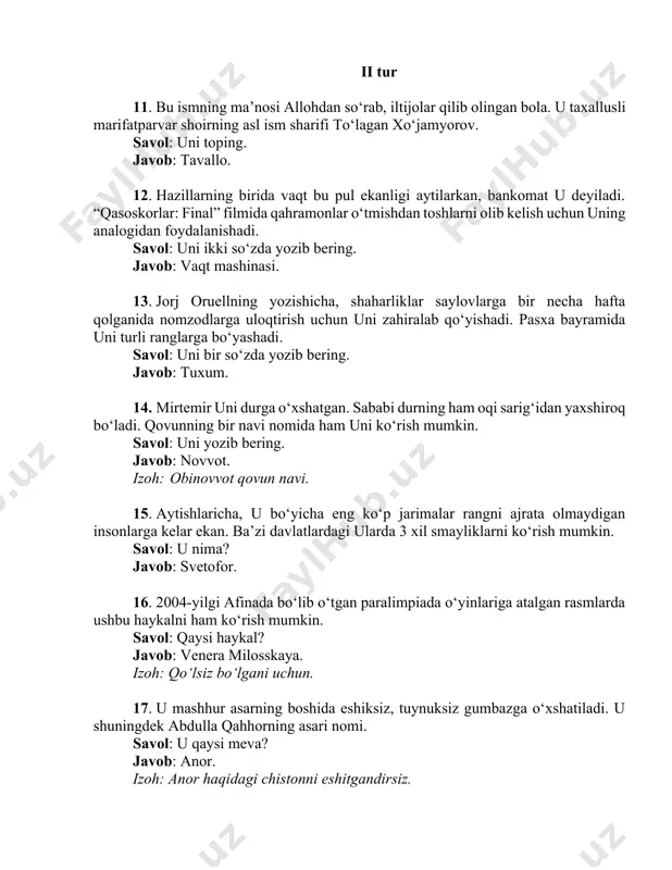 -yilda yozib tugatilgan bo‘lib, asarda oʻzbek xalqining yaqin oʻtmishdagi rus bosqinchilari va mahalliy amaldorlar tomonidan ezilganligi, xalqning oʻz ahvolini anglab ularga qarshi bosh koʻtargani badiiy tasvirlangan. savol: asar nomini bir xil harfdan boshlanuvchi ikki so’zda yozib bering. javob: qutlug‘ qon. 19. u 2006-yilda shvetsiyalik daniel ek hamda martin lorentson tomonidan yaratilgan. bugungi kunda yevropaning barcha mamlakatlarida ommalashgan. 2022-yildagi barselona bilan shartnomasi esa uni yanada mashhur qildi. savol: u qaysi brend? javob: spotify. 20. stiven spilbergning “o‘zga sayyoralik” filmi fantastik film bo‘lib, yerga o‘zga sayyoradan mehmon kelishi haqida. zulfiqor musoqovning ushbu filmi “o‘zga sayyoralik” filmidan ilhomlanilgan va filmda ham eslab o‘tilgan. savol: qaysi film? javob: abdullajon.