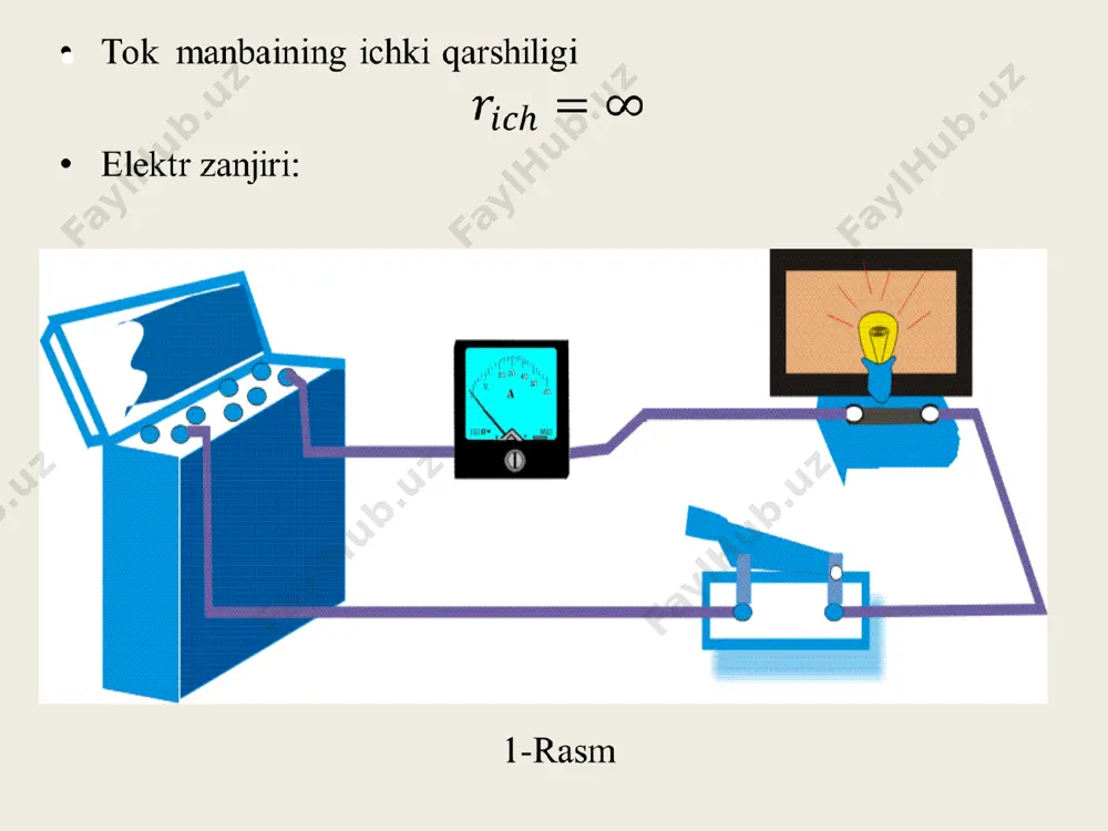 r5=10 оm, r6=10 оm bo’lib, u=120 b oʼzgarmas kuchlanishga ulangan. ekvivalent qarshiligi va tarmoq toklari aniqlansin. echish: ekvivalent qarshiliklar sxemasini tuzamiz: zanjirning ekvivalent yoki umumiy qarshiligini topamiz. buning uchun birinchi navbatda r13 va r45 qarshiliklarni qo’shamiz: bundan umumiy ekvivalent qarshiligi: umumiy tokni aniqlaymiz: tugun potensiali yoki kuchlanishni aniqlaymiz: endi tarmoq toklarini topamiz: mustaqil yechish uchun masalalar. 1-masala. ketma-ket sxemada ulangan elektr tok zanjir parametrlari: е1=20 v, e2=12v, r1=5 оm, r2=6 оm, r3=9 оm teng. tarmoq toki va potensiallarini aniqlang. 2-masala. paralell sxemada biriktirilgan tok zanjirlarining a va b tugun potensiallaridagi kuchlanish uав=60 v bo’lib, kiruvchi tarmoq toki i=1,5 a va qarshiligi r2=120 оm ga teng. tarmoq toklari, r1 qarshiligi va ekvivalent qarshiligini xisoblab toping. 3-маsala. aralash sxemada biriktirilgan elektr tok zanjiri u=26 v kuchlanishga ulangan bo’lib,qarshilik parametrlari: r1=8 оm, r2=14 оm, r3=4 оm, r4=5,16 оm, r5=7,5 оm, r6=5 оm. zanjirning ekvivalent qarshiligi hamda tarmoq toklarini aniqlani. 3- masala chizmasi e’tiboringiz …