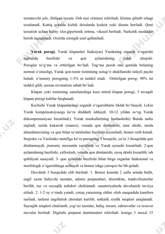 xnatda xarsillash va yurak uynashi kuzatiladi. 2-qon aylanishning buzilishi, xalloslash, venada qon dimlanishi, oyoq shishi kuzatilib, ish qobiliyati susayadi. 3- qon aylanishi buzilishi bilan birga organlar funksional va morfologik o‘zgarishlarga uchraydi va bemor ishga yaroqsiz bo‘lib qoladi. davolash 3 bosqichda olib boriladi. 1. bemor kamida 2 xafta urinda bulib, engil xazm buluvchi taomlar, adonis preparatlari, diuretiklar, trankvilizatorlar berilib, tuz va suyuqlik mikdori cheklanadi. sanatoriyalarda davolanish tavsiya etiladi. 2. 1-2 oy o‘rinda yotadi, yotoq yarasining oldini olish maqsadida kamfora suriladi, nafasni engillatish choralari kurilib, sutkalik siydik miqdori aniqlanadi. suyuqlik miqdori cheklanib, yog‘siz taomlar, baliq, tuxum, sabzavotlar va rezavor mevalar beriladi. digitalis preparat damlamalari ichiriladi. kuniga 3 maxal 15 tomchidan lantazid, srofantin va glyukoza venaga, diuretiklar (nourit,gipotiazid), og‘ir shaklida revmatizmga qarshi preparatlar beriladi. 3- bemor kasalxonada vrach nazoratida bulishi kerak. 2-nchi bosqichdagi dorilardan tashqari kordiamin kamfora, kofein, narkotiklar in’eksiya qilinadi. stenokardiya- miokardning kislorodga bulgan extiyoji va uning qon bilan etib kelishi urtasidagi …