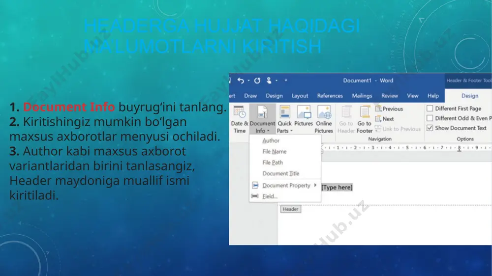 insert menyu oynasi - hujjatga header va footer maydonlarini qo‘shish - Page 5