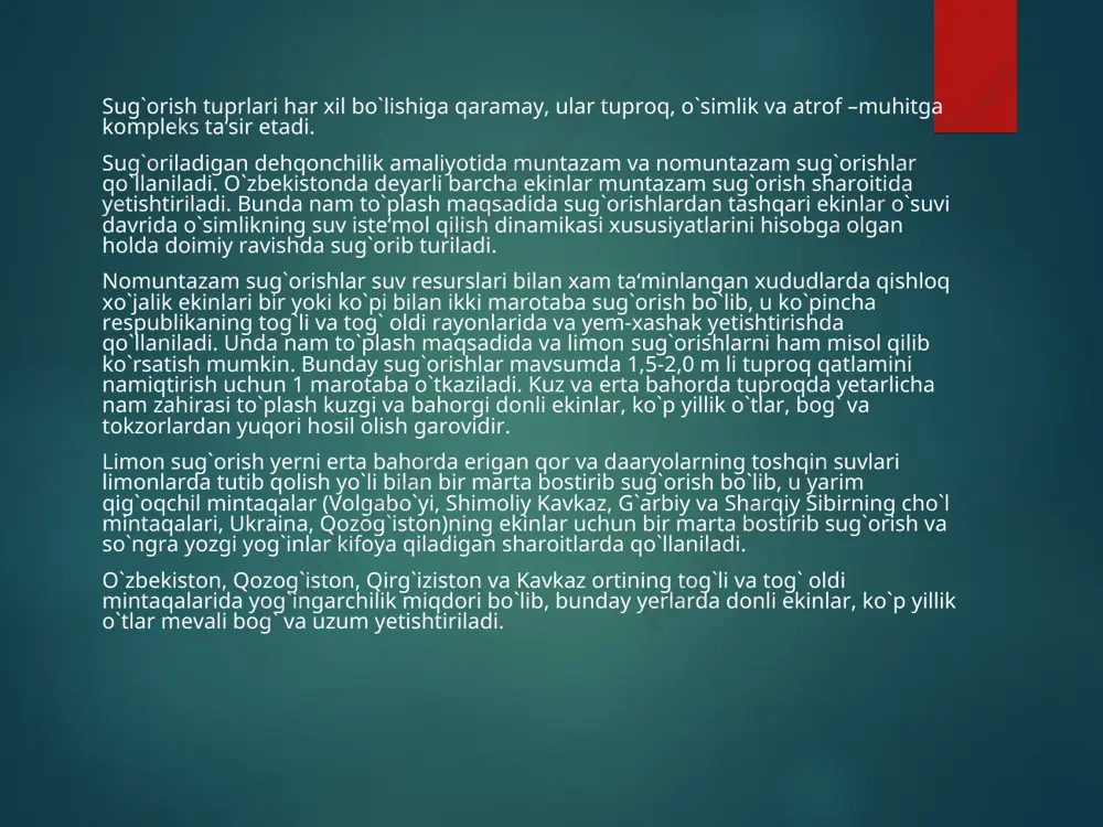 osil yig`ib olingandan so`ng yog`inning deyarli tushmasligi oqibatida tuproqning ustki qatlamida, ayniqsa, bug`doy, yozda xaydab bo`ziladigan bedapoya va ko`p yillik o`tlardan bo`shagan dalalar tuprog`ida nam miqdori keskin kamayib ketadi. bu hol yerga asosiy ishlov berishni qiyinlashtiradi: yer belgilangan chuqurlikda haydalmaydi, palaxsa kesaklar ko`rib mayin shudgorlashga erishilmaydi. paxta va boshqa ekinlar hosildorligi kuzgi shudgorni qay darajada o`tkazilganligiga bog`liq. yerni sifatli haydash uchun tuproq namligi chdns ga nisbatan 70-60 foiz bo`lishi bo`lishi lozim. buning uchun yoz oylarida shudgorlashdan 7-10 kun, kuzgi shudgorlashdan 10-12 kun oldin eski muvaqqat sug`orish tarmoqlari, yo`lak va cheklar orqali sug`orish o`tkaziladi. sug`orish me‘yorlari haydov qatlamli namiqtirish hisobidan belgilanadi: yengil tuproqlarda 700-800, o`rtacha -900-100 va og`ir tuproqlarda 1000-1200 m3/ga suv beriladi. paxtazorlarda tuproq yetilishi bilan g`o`zapoya maydalanadi, o`qariqlar tekislanib, yerni haydashga krishiladi. bedapoyalarda yerning ustki qismi 5-6 sm chuqurlikda ag`dargichi olingan plug bilan asosiy haydashdan 5-7 kun oldin haydaladi. bunda bedapoyaning ildizi kesilib, unuvchanligi yo`qoladi. begona o`tlar ko`p tarqalgan …