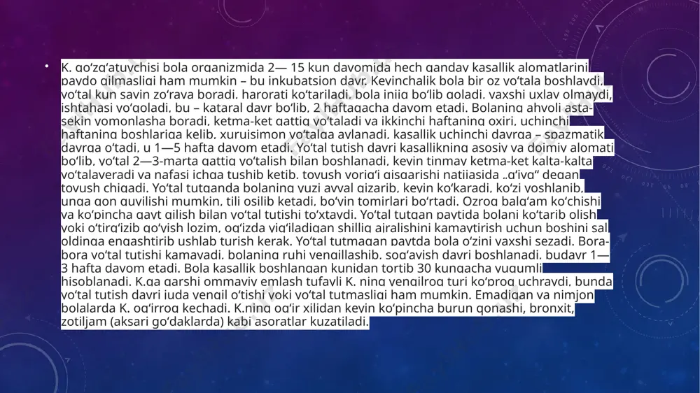 m ahamiyatga ega. bemorga dam olish, yuqori harorat kuzatilmagan vaqtda esa yengil sayr tavsiya etiladi. asab tizimi o‘ta taranglashishi bois jahlni chiqaruvchi barcha omillardan saqlanadi. chiroq nuri ham yumshoq va tarqoq bo‘lishi kerak. baland ovozdagi musiqa, suhbat yoki televizor shovqini taqiqlanadi. quyida tezroq sog‘ayishga oid bir necha tavsiyalar: yuqori harorat natijasida chanqash hissi oshishiga yo‘l qo‘ymaslikka harakat qiling. ko‘p miqdorda suyuqlik ichish kerak. eng yaxshi tanlov — suv, meva sharbati va quruq qaynatma sho‘rva. tez-tez, oz-ozdan tanovul qiling. ko‘p ovqat yeyish yo‘tal vaqtida qayt qilishga olib kelishi mumkin. xonada havo namlantiruvchi vositadan foydalaning. bu yo‘talni bosishda yordam beradi. bemorning xonasidagi havo musaffo bo‘lishiga harakat qilish kerak. binoda chekish, kuchli iforli duxi yoki havo spreylaridan foydalanish tavsiya etilmaydi — tomoqni qirishi mumkin. xonani iloji boricha ko‘proq shamollatib turish kerak. infeksiya yuqishidan saqlaning. qo‘lingizni sovunlab yuving, tibbiyot niqobidan foydalaning va suhbat davomida og‘zingizni salfetka bilan yopib oling. e’tiboringiz uchun raxmat bajardi: jabborov …