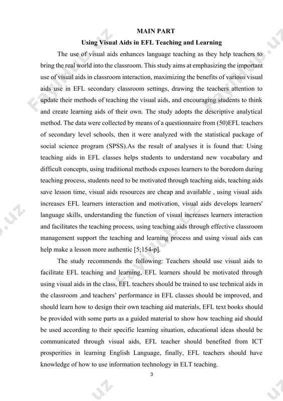 anguage, finally, efl teachers should have knowledge of how to use information technology in elt teaching. visual aids can be a helpful tool in the language classroom as mannan (2005:108) points out "they ‘help the teacher to clarify, establish, correlate and coordinate accurate concepts, interpretations and appreciations, and enable him to make learning more concrete, effective, interesting, inspirational, meaningful and vivid. however, visuals clarify and enhance students learning, and that this information is recognized and remembered for longer durations than verbal information alone" [19; 56-p] . efl learners need to be motivated; teachers need to motivate learners through using visual aids. this study promotes the use of visual aids in secondary level schools as a technique for motivating learners and improve their understanding of english language. visual aids can be interactive and can help to customize the learning process. when learners have something to look at, it attracts their attention. …