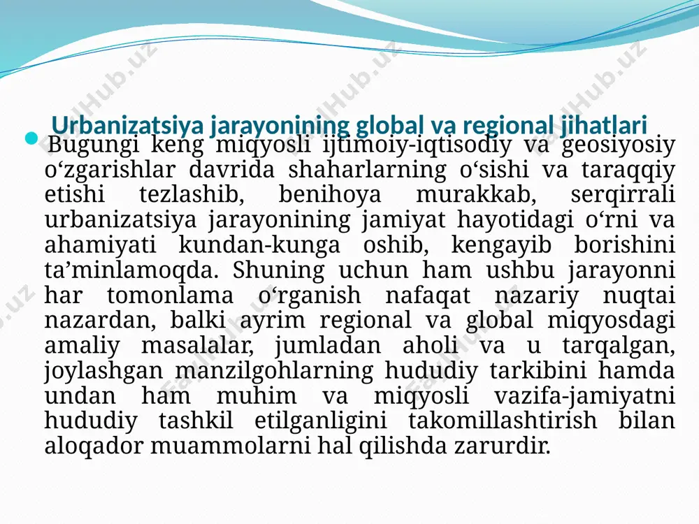 navbatda, ijtimoiy-iqtisodiy rivojlanish darajasi bilan belgilanadi. yevropa, shimoliy amerika, lotin amerikasi, avstraliya va okeaniya kabi yirik mintaqalardagi davlatlarda urbanizatsiya ko‘rsatkichi o‘rtacha hisobda 70 foizdan oshgan. bu borada, ayniqsa, islandiya, buyuk britaniya, belgiya, daniya, niderlandiya, avstraliya, yangi zelandiya, argentina, venesuyela kabi shaharlar darajasi 90 foizdan yuqori bo‘lgan davlatlar ko‘zga tashlanadi. jahon aholisining 60 foizi va dunyodagi shaharliklarning yarmi yashaydigan osiyo qit’asida urbanizatsiyaning umumiy darajasi bir muncha pastroq, 50 foiz atrofida bo‘lib, o‘sishi davom etmoqda. afrikada esa urbanizatsiya ko‘rsatkichi 40 foizdan sal ko‘proq. lekin har ikkala qit’ada ham yuqori urbanizatsiyalashgan mamlakatlar bor. jumladan, osiyoda bu borada yaponiya, janubiy koreya, isroil, fors qo‘ltig‘i arab mamlakatlari, tailand, afrikada esa liviya, jazoir, misr, marokash, jar kabi davlatlar ajralib turibdi. shu bilan birga, butan, burundi, malavi, uganda, chad, afg‘oniston va boshqa mamlakatlarda urbanizatsiya darajasi 25 foizga ham yetmaydi. ammo oxirgi yillarda shahar aholisining umumiy soni va jahon aholisidagi ulushi aynan osiyo va afrika davlatlarida kechayotgan urbanizatsiya …