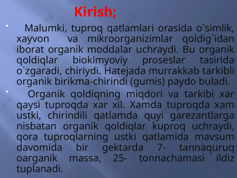 arishida turli organezimlar, bakteriyalar, leshayniklar, zambirug`lar, suv o`tlari, o`mirtqali va o`mirtqasiz zayvonlarning roli katta kimyoviy kampanetlarning tuproqda parchalanishi va o`zgarishi tuproqda, turli kimyoviy birikmalarning parchalanishi va o`zgarishi ruy beradi. oqsillarning parchalanishi—mikroorganezimlarning , jonivorlar va o`simliklar tarkibidagi oqsillar prateaza fermenti ishtirokida amenakislatalargacha parchalanadi, uning bir qismi mikroorganizimlar tamonidan o`zlashtiriladi, qolgan qismi parchalanib amin shaklida yuqoladi. nobud bulgan organezimlar tarkibidagi oqsillar tuproqdagi azotning manbayidir kimyoviy kampanetlarning tuproqda parchalanishi v a o`zgarishi tuproqda gumisning hosil bulishi tuproqqa tushadigan organik qoldiqlar, turli biokimyoviy va fezik-kimyovoy jarayonlar natejasida ularning asosiy qismi oxirgi mahsulotlar co2, h2o va oddoy tuzlarga qadar oksidlanib menerallashadi, bir qismi esa murrkkkab o`zgarishlarga o`chrab tuproqning o`ziga xos gumisli moddalarini xosil qiladi, bu jarayonga gumisga aylanish jarayoni deb ataladi. gumis va chirindi moddalarining xosil bulishi xaqida kuplab tatqiqotlar olib borilishiga qaramasdan, xozirga qadar gumis paydo bulish mexanezimi xaqida munozaali fikrlar mavjud. gumis hosil bulishining biologik kansepsoyasi gumisli moddalar turli mikraorganizimlar maxsulotlarning sentizidan iborot. …