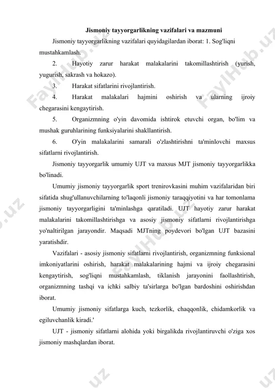 ziga xos jismoniy mashqlardan iborat. ujtni amalga oshirish jarayonida har xil sport uskunalaridan, anjomlardan, trenajyorlardan va tabiat omillaridan foydalanish maqsadga muvofiqdir. sport trenirovkasining ayrim bosqich va davrlarida ujt mashqlari va mashg'ulotlarining hajmi, shiddati, yo'nalish va tuzilishi o'ziga xosligi bilan farqlanadi. maxsus jismoniy tayyorgarlik - tanlangan sport turida yuqori natijalarga erishish maqsadida shu sport turida asosiy va hal etuvchi ahamiyatga ega bo'lgan jismoniy sifatlarni rivojlantirishga yo'naltirilgan jarayondir. vazifalari: · voleybolga xos maxsus harakat sifatlari va qobiliyatlarini (tezkorlik, kuch-tezkorlik, chaqqonlik, maxsus chidamkorlik va hokazo) rivojlantirish; · o'yin texnikasini o'zlashtirishda zarur bo'lgan qobiliyatlarni rivojlantirish; · o'yin taktikasini o'zlashtirishda zarur bo'lgan qobiliyatlarni rivojlantirish. mjt sport trenirovkasining barcha bosqich va davrlarida hajm va shiddat jihatidan munosib me'yorda qo'llaniladi. jismoniy tayyorgarlikning vositalari va uslublari jismoniy tayyorgarlik bo'yicha qo'yilgan vazifalarni yechishda turli vositalar: tayyorgarlik mashqlari, harakatli va sport o'yinlari, o'quv o'yinlari va musobaqalardan foydalanish mumkin. shug'ullanuvchi-larning individual xususiyatlariga mashqlarning moslab qo'llanilishi asosiy shartlardan bin bo'lib hisoblanadi. shug'ullanuvchilar …