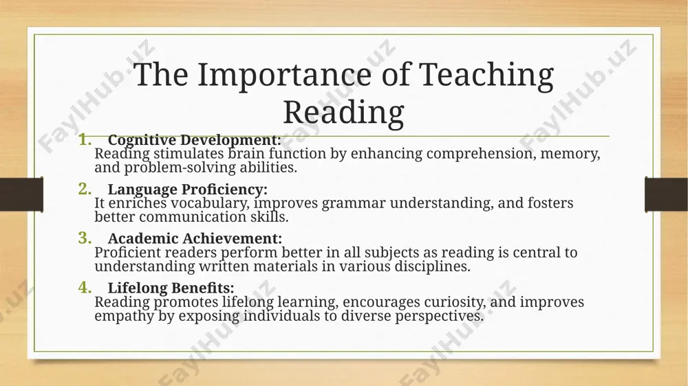 ide access to a wide range of materials and support diverse learners. interactive reading apps: gamified platforms make reading practice engaging for younger students. online comprehension tools: websites with comprehension quizzes and vocabulary exercises reinforce learning. collaborative platforms: virtual book clubs or forums encourage students to discuss what they’ve read. assessing reading skills formative assessments: regular check-ins like oral reading, comprehension questions, and vocabulary quizzes. summative assessments: use standardized tests or end-of-unit evaluations to measure progress. observation and feedback: monitor reading habits, fluency, and engagement during activities. conclusion teaching reading is a dynamic and rewarding process that goes beyond the mechanics of decoding text. by combining effective strategies, addressing challenges, and fostering a love for reading, educators can equip students with a skill that opens the doors to knowledge and opportunity. the ultimate goal is to nurture confident, lifelong readers who can think critically and engage with the world around …