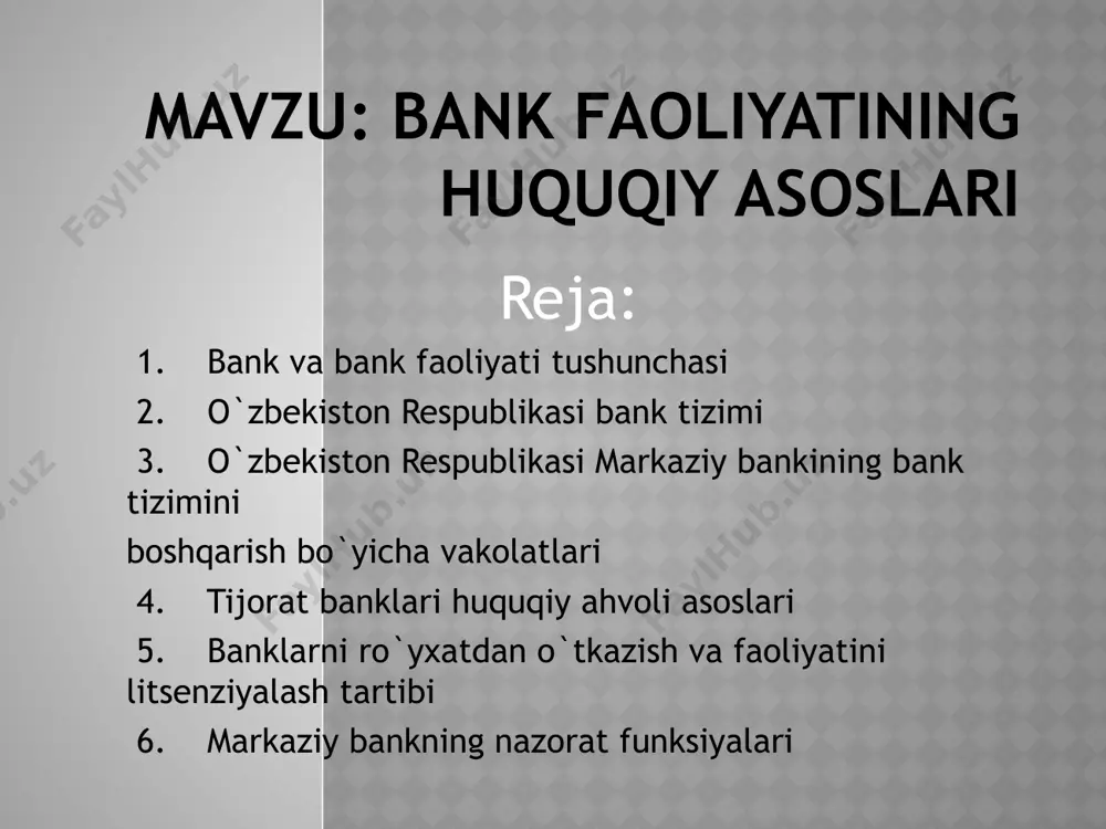 hisoblanadi. u iqtisodiy o`sishni ta'minlash, inflatsiya va to`lov balansini tartibga solish kabi joriy va strategik vazifalarni hal etish uchun foydalaniladi. jahon amaliyotida moliya-kredit muassasalari tomonidan o`z mijozlariga ko`rsatiladigan xizmatlar xususiyati bo`yicha kredit tizimining uch muhim elementi ajratiladi: 1) markaziy bank (emissiya banki); 2) tijorat banklari; 3) ixtisoslashtirilgan moliya muassasalari (sug`urta, jamg`arma va b. muassasalar). markaziy bankining bank tizimini boshqarish bo`yicha vakolatlari markaziy bank o`zining huquqiy maqomi bo`yicha bank tizimini davlat tomonidan boshqarish organi hisoblanadi. bunday maqom asoslari o`zbekiston respublikasi konstitutsiyasining 124-moddasida belgilab berilgan bo`lib, unga asosan markaziy bank mamlakatimiz bank tizimini boshqaradi. markaziy bankning bank tizimini davlat boshqaruv organi sifatidagi aniq vakolatlari markaziy bank to`g`risidagi qonunda mustahkamlab berilgan. ushbu sifatda markaziy bank o`z vakolatlari doirasida monetar siyosat va valutani tartibga solish sohasidagi siyosatning asosiy yo`nalishlarini ishlab chiqadi, hisob-kitoblarning samarali tizimini tashkil etadi va ta'minlaydi. tijorat banklari huquqiy ahvoli asoslari banklar va bank faoliyati to`g`risidagi qonunning 7-moddasiga muvofiq banklar, qoida tariqasida, …