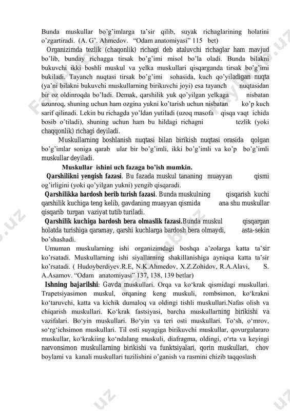 azmasi, ko’p yadrolari va organoidlari bor. muskul tolasining qisqaruvchi tuzilmasi -uzun ipga o’xshaydigan miofibrillar tolaning bir uchidan ikkinchi uchigacha davomladi. ko’ndalang targ’il muskullarga skelet muskullari va yurak muskuli ya’ni miokard kiradi. ko’ndalang targ’il muskullar to’qimasi odam ixtiyoriga bo’ysunadi. har qaysi muskul yumaloq yoki yassi pay vositasida bir suyakdan boshlanib, ikkinchisiga yopishadi. muskul bo’g’im yaqinida bo’lsa, albatta, shu bo’g’imdan o’tib, uning harakatlanishini taminlaydi. bu muskul shakliga ko’ra uzun, qisqa, yumaloq, yapaloq bo’lib, joylashishiga qarab yuza, chuqur, oraliq guruhlarga bo’linadi. bajaradigan vazifasiga ko’ra qisuvchi, kengaytiruvchi, ko’taruvchi, tushiruvchi, yozuvchi, bukuvchi, chaynovchi va boshqalarga bo’linadi. uzun yoki duksimon muskulning yo’g’omroq qismi qorini, oxirgi pay qisimlari boshi vadumi deb ataladi. bazi muskullarning bir emas, balki 2-3 va hatto 4 ta boshi bor (mas, yelkaning ikki boshli, sonning to’rt boshli muskuli) topografik jihatdan tana, bosh, bo’yin, ko’l va oyoq muskullariga ajratiladi. tana muskullariga ajratiladi. tana muskullariga ajratiladi. tana muskullari orqa, ko’krak va qorin muskularidan iborat. orqa …