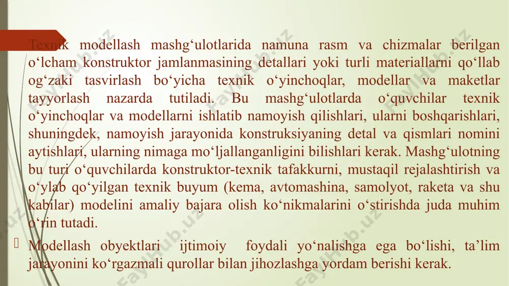 ga almashdi. mashg‘ulotda ish boshlashdan oldin bolalarga turli suzuvchi vositalar haqida umumiy ma’lumotlar beriladi: hozirgi zamon tushunchasida kema deganda odamlarga xizmat qiladigan dengiz va daryo vositalari tushuniladi. o‘z navbatida transport kemalari yuk, passajir, yuk-passajir kemalariga ajratiladi; yuk kemalari orasida quruq va qo‘yiladigan yuklarni tashiydigan kemalar bor; konteyner, treyler, yog‘och, ko‘mir tashuvchi va boshqalar. turli baliqchilik kemalari seyner, trauler, baliq zavodlaridir. texnik maqsadlarga mo‘ljallangan kemalar – buksir, muzyorar, o‘t o‘chiruvchi, doklar, zemsnaryadlardir. uchuvchi transport modellari, samolyotchalar modelini yasash. tavsiya qilinadigan modellar – erkin uchuvchi uchish apparatlaridir. qog‘ozdan bir necha xil samolyotchalar yasash mumkin. modellarni hamma yosh bolalar ham yasashi mumkin, chunki ularni yasashning konstruktiv imkoniyatlari juda ko‘p va xilma-xildir. qo‘l ostida doimo zarur material bo‘ladi. ularni yasashga ketadigan vaqt ham unchalik ko‘p emas e’tiboringiz uchun rahmat image1.png image2.png image3.png image4.png image5.png /docprops/thumbnail.jpeg