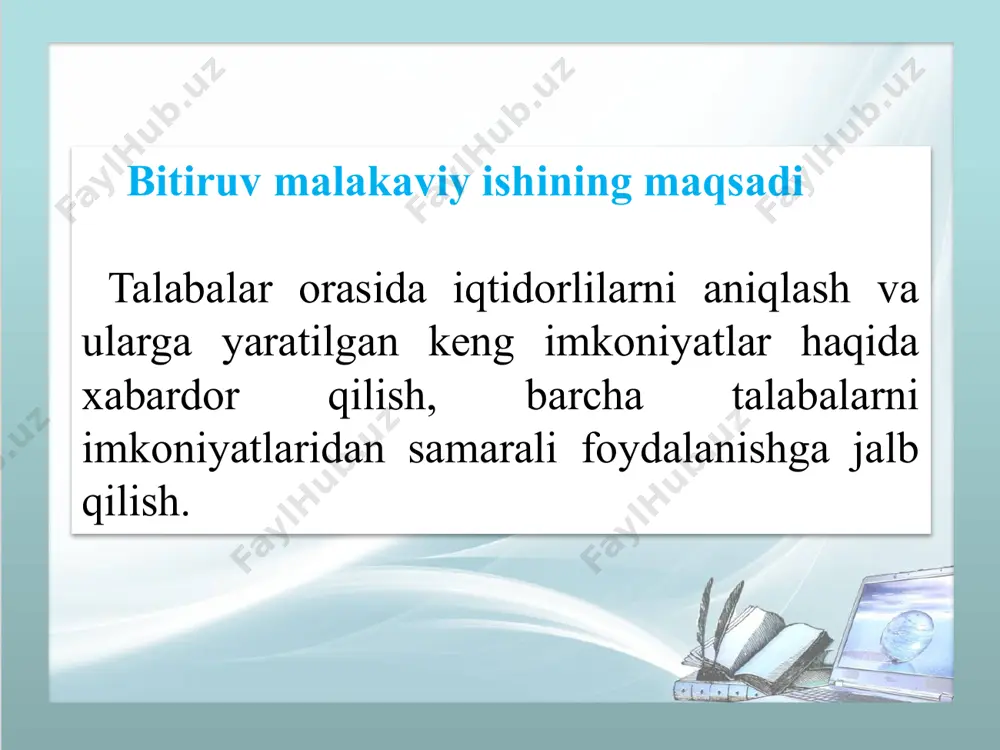 sh, o‘zlaridagi noyob iste’dodni ro‘yobga chiqarish uchun keng imkoniyatlar yaratishdir. kadrlar tayyorlash milliy dasturida iste’dodli yoshlarga yaratiladigan sharoitlar haqida alohida vazifalar belgilangan. iv bob. hayot faoliyati xavfsizligi va ekologiya 4.1 mehnat xavfsizligining ergonomik asoslari 4.2 yongʻinga qarshi himoya tizimi. 4.3 qashqadaryo viloyatining ekologik muammolari. xulosa xulosa qilib shuni aytishim mumkinki mobil texnologiyalarning oʻsishi ta’lim sohasida doimiy oʻzgarishlarni amalga oshirmoqda. ta’lim jarayonida mobil qurilmalardan foydalanish ta’lim motivatsiyasini oshirish usullaridan biridir. mobil qurilmalar insonning asosiy ehtiyojlarini amalga oshirishga yordam beradi. yuqorida sinovdan oʻtkazilgan mobil ilova iqtidorli talabalar va iqtidorli talabalar bilan ishlash boʻlimi uchun katta foyda keltiradi. sababi, iqtidorli talabalarni aniqlashda ancha samarali hisoblanadi. ushbu mobil ilova ma’lum bir talabalar jamoasi uchun moʻljallangan emas. ushbu ilovadan istalgan intiluvchan talaba foydalanishi mumkin. mobil ilovaning yana bir qulayliklaridan biri “iqtidorli talabalar bilan a’loqa” bo‘limi bo‘lib bu bo‘limga kirib talaba chat qismida guruhlardan o‘ziga kerakli ma’lumotlarni olishi mumkin. ushbu mobil ilova orqali iqtidorli talabalar koʻplab …
