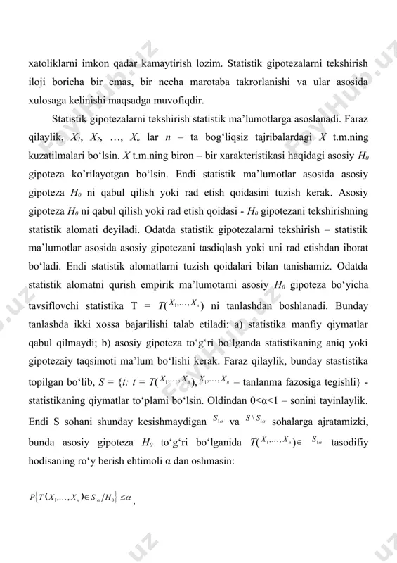 istikaning shu xossasiga asoslangandir. teorema(kolmogorov). ixtiyoriy uzluksiz f(x) taqsimot funksiyasi va λ uchun bo‘ladi. dn – statistikaga asoslangan statistik alomat kritik to‘plami quyidagicha aniqlanadi . bu yerdan 0 - t p k 2 1 1 0 + × ÷ ø ö ç è æ g ÷ ø ö ç è æ g ÷ ø ö ç è æ + g × ÷ ø ö ç è æ = + - x m nx x m n m n m n x f m n n n m n µ µ 2 1 2 x y c s s 29 . 0 1 2 1 = = c c µ 2 x s µ 2 y s µ ( ) 2 2 1 1 1 n x ix i x n sq = =- - å µ ( ) 2 2 1 1 1 m y iy i y m sq …