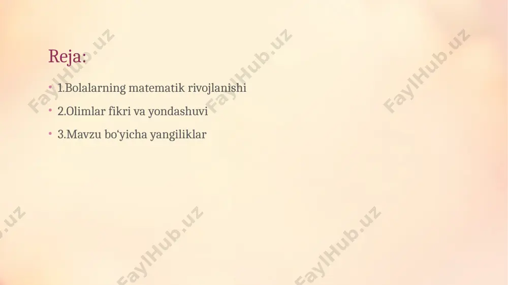 rivojlanishni bolalarga o'yinlar va amaliy faoliyatlar orqali berishning ahamiyatini ta'kidlagan. froebelning "donlar" va boshqa konstruktiv materiallar orqali bolalarga geometriya va sonlar bilan ishlashni o'rgatish usuli ular uchun ta'limning asosiy vositalaridan biri hisoblanadi. xulosa . maktabgacha yoshdagi bolalarning matematik rivojlanishi bo'yicha pedagoglar tomonidan taklif qilingan yondashuvlar, asosan, bolalarga matematik tushunchalarni o'yin va amaliy faoliyat orqali o'rgatishga qaratilgan. maria montessori, friedrich froebel, a.m. leushina va a.a. stolyarning yondashuvlari bolalarga raqamlar, shakllar, o'lchovlar va boshqa matematik tushunchalarni o'zlashtirishda amaliy va interaktiv usullardan foydalanishga urg'u beradi. zamonaviy pedagogik yondashuvlar esa bolalarning kreativ fikrlashini rivojlantirish, matematik ko'nikmalarini o'yinlar, eksperimentlar va guruh faoliyatlari orqali shakllantirishga yordam beradi. shu tarzda, maktabgacha ta'limda matematik rivojlanishning samarali usullari bolalar uchun qiziqarli va foydali bo'lishi kerak. foydalanilgan adabiyotlar ro‘yxati 1. jalolov, x. m. (2003). maktabgacha ta'lim va tarbiya metodikasi. toshkent: o'qituvchi. 2. xudoyberdiyev, a. (2010). maktabgacha ta'limda pedagogik texnologiyalar. toshkent: o'zbekiston milliy universiteti nashriyoti. 3. islomov, b. b. (2008). maktabgacha …