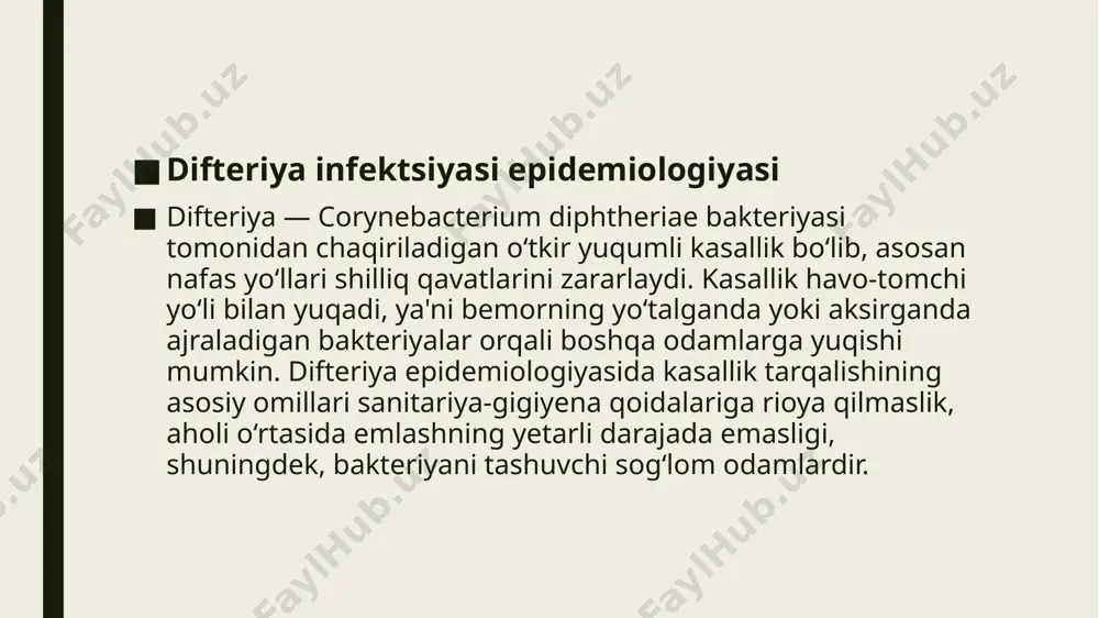 li o‘rtasida kasallikning keng tarqalishini oldini olish uchun epidemiologik kuzatuv o‘tkazilib, kasallikning tarqalish dinamikasi nazorat qilinadi. skarlatina epidemiologiyasi skarlatina streptococcus pyogenes (a guruhi streptokokk) bakteriyasi orqali kelib chiqadigan yuqumli kasallik bo‘lib, asosan bolalarda uchraydi. kasallik havo-tomchi yo‘li bilan yuqadi, ya'ni bemorning yo‘talishi yoki aksirishi orqali bakteriyalar boshqa odamlarga tarqaladi. kasallikning tarqalishi ko‘pincha maktab va bolalar bog‘chasi kabi odamlar gavjum joylarda kuzatiladi. skarlatina profilaktikasi profilaktik choralar gigiyena qoidalariga qat'iy rioya qilishni o‘z ichiga oladi. kasallikni oldini olishda qo‘llarni yuvish, shaxsiy gigiyenaga rioya qilish va kasallanganlar bilan muloqotni cheklash muhimdir. vaksina mavjud emas, shuning uchun gigiyena va dezinfektsiya asosiy profilaktik chora hisoblanadi. epidemiyaga qarshi chora-tadbirlar 1. kasallarni izolyatsiya qilish: kasallanganlarni alohida saqlash va uy sharoitida parvarishlash kerak. maktab va bolalar bog‘chalarida tarqalishni oldini olish uchun kasallangan bolalar vaqtincha uyda qoladi. 2. dezinfektsiya: kasallik tarqalgan joylarda, masalan, maktab va bog‘chalarda dezinfektsiya tadbirlari o‘tkaziladi. 3. kuzatuv va monitoring: kasallik aniqlangan bolalar va ular bilan …
