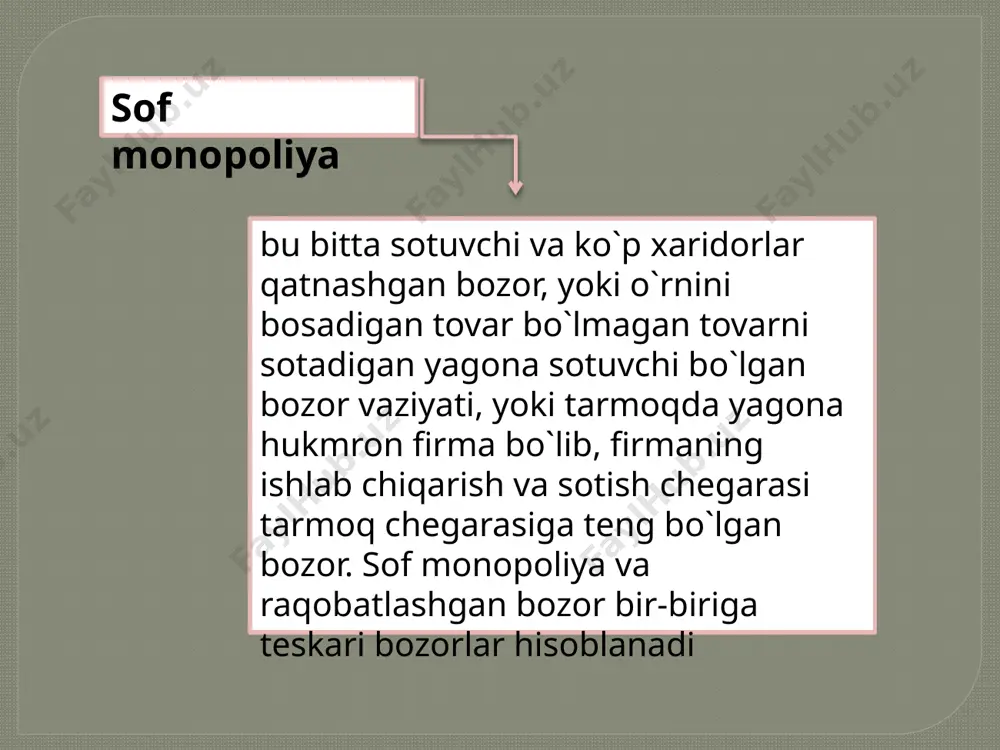 aqobatlashmoqchi bo`lgan firmalar uchun maxsus to`siqlar bo`lishini taqazo qiladi. tarmoqqa kirish to`siqlari bu monopol firma bozoriga boshqa sotuvchilarni kirib kelishini to`xtatuvchi cheklanishlar. talab chizig`ining elastik bo`lmagan qismida chekli daromad manfiy, ya`ni mr mr) . chekli daromad mr ni quyidagicha o`zgartirib yozamiz: bu qo`shimcha bir birlik mahsulot ishlab chiqarish natijasida olingan qo`shimcha daromad bo`lib, u ikki xususiyatga ega. (1) - tenglikni quyidagicha yozish mumkin: bir birlik qo`shimcha mahsulot ishlab chiqarib (q =1) , uni p narxda sotganimizda p*(1) = p narxga teng bo`lgan daromad olamiz (q=0); 2) monopol firma mahsulotiga bo`lgan talab chizig`i pastga yotiq bo`lgani uchun qo`shimcha bir birlik mahsulot ishlab chiqarib, uni sotilishi, narxni kichik miqdorga kamaytiradi ( p/  q- qo`shimcha birlik mahsulot ishlab chiqarib sotish natijasida narx qancha miqdorga kamayishini ko`rsatadi) va bu barcha sotilgan mahsulotdan tushgan daromadni kamaytiradi (ya`ni q *p/  q - daromadning o`zgarishi). demak, bu yerda talab chizig`i manfiy yotiqlikka ega bo`lgani uchun …