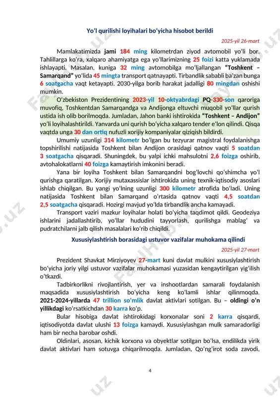 shtirokchi qatnashdi. energiya samaradorligini oshirish tadbirlari bo‘yicha axborot berildi 2025-yil 26-mart prezident shavkat mirziyoyev 26-mart kuni energiya resurslarini iqtisod qilish, iste’mol samaradorligini oshirish hamda ulardan oqilona foydalanish chora-tadbirlari bo‘yicha yig‘ilish o‘tkazdi. 2030-yilga borib, mamlakatimiz aholisi 41 millionga yetishi, iqtisodiyot 2 karra o‘sishi kutilayapti. bu energiya resurslariga bo‘lgan talabni hozirgidan 1,5 karra oshiradi. shuning uchun yangi loyihalarni ishga tushirib, quvvatni ko‘paytirish bilan birga energiyani tejash choralarini ko‘rish zarur. prezidentimiz ko‘rsatmasiga muvofiq, o‘tgan yilgi tajribani davom ettirib, joylarda energiyani tejash imkoniyatlari olimlar ishtirokida ilmiy asosda o‘rganilmoqda. xususan, samarqand, sirdaryo va jizzaxdagi o‘rganishlarda 870 million kilovatt soat elektr va 420 million kub metr gazni iqtisod qilish yangi imkoniyatlari aniqlandi. masalan, bu viloyatlardagi kichik va o‘rta sanoat korxonalarida 35 mingga yaqin eskirgan uskunalarni tejamkoriga almashtirib, yiliga 385 million kilovatt soat elektr va 50 million kub metr gaz tejash mumkin. tuman va mahallarda energiyani iqtisod qilish bo‘yicha imkoniyatlar juda ko‘p. masalan, 300 ta mahallada 100 …