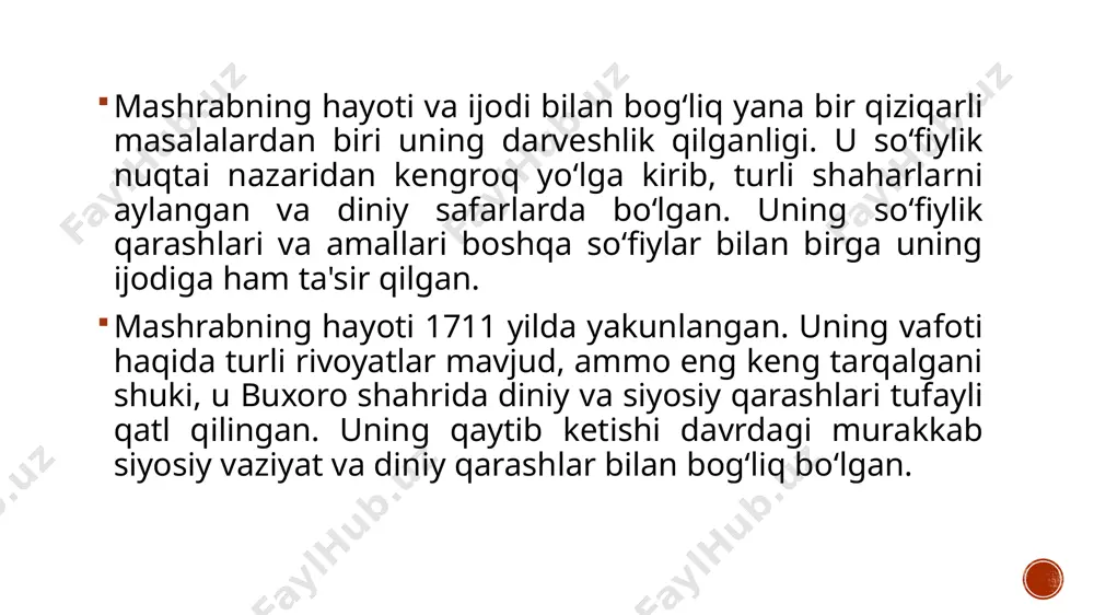 ida ma'lumotlar berishdan oldin, avvalo mashrabning shaxsi va ijodi haqida qisqacha sharh berish maqsadga muvofiq. mashrab, to‘liq ismi zahiriddin mashrab bo‘lib, 17-18 asrlarda yashagan o‘zbek shoiri va sufiysidir. u tasavvufiy adabiyotda muhim o‘rin tutuvchi shaxslardan biri bo‘lib, o‘z davrining mashhur sufiysi sifatida tanilgan. tasavvuf, yoki sufizm, islom ichidagi ichki tahlil va ma'rifatga intiluvchi diniy axloqiy yo‘nalish hisoblanadi. sufiylikdagi asosiy g‘oyalar insonning allohga bog‘lanishi, ichki dunyosidagi ma'naviy kamoloti va uning xudoga yaqinlashishi bilan bog‘liq. tasavvuf mantiqiy qarorlarga emas, balki tojridi (qalbdan kelib chiqadigan) fahmga asoslanadi. bu yo‘nalishda, sufiylar xudoni idrok etishni unga qalban yaqinlashish va uning quvvat-guvohiyatini his qilish orqali erishish mumkin, deb hisoblashadi. e’tiboringiz uchun rahmat !!! , image4.png image3.png image2.png /docprops/thumbnail.jpeg
