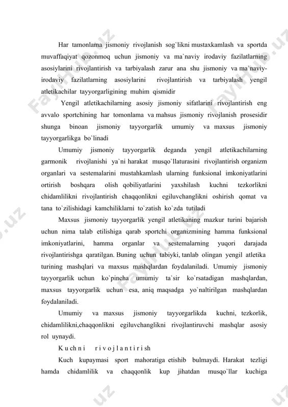 rt mahoratiga etishib bulmaydi. harakat tezligi hamda chidamlilik va chaqqonlik kup jihatdan musqo`llar kuchiga bog`lik.ayniqsa yangi boshlovchi yengil atletikachilarda musqo`l kuchini rivojlantirish birinchi navbatda o`z musqo`llarini boshqara olish,ularni kisqartira olish va kuproq kuch berib kuchlantira olish xisobiga buladi.yengil atletikachilar tanasidagi hamma musqo`llar kuchli garmonik rivojlangan bulishi kerak.uloqtiruvchilarga kuchni hammadan kup rivojlantirish kerak bulsa,marafonchilarga hammadan kam kuch kerak.kuchni rivojlantirish uchun elementar mashqlardan tortib,to yaxlit yengil atletika turiga qadar har xil dinamik mashqlardan foydalaniladi. kuchni rivojlantirishda yuk kutarish mashqlari o`z kuchidan foydalanib yoki sherigi qarshiligini engib bajariladigan mashqlar eng kup qo`l keladi. og`ir yuk bilan masalan,shtanga bilan bajariladigan mashqlar tananing hamma musqo`llariga, ayniqsa yirik va baquvvat musqo`l gruppalariga,yengil yuk bilan bajariladigan mashqlar esa ayrim musqo`l gruppalariga ta`sir etadi.katta va maksimal statik kuchlanishli har qaysi mashq bir mashg`ulot mobaynida 5-6 sekunddan 2-4 marta takrorlanadi. bu metod faqat kattalarga va jismoniy tamondan yaxshi tayyorlangan yengil atletikachilarga tavsiya qilinadi. yangi boshlovchi yengil atletikachilar gavdadagi hamma …