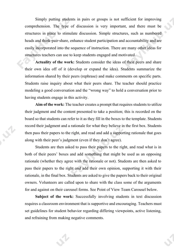 es and add something that might be used as an opposing rationale (whether they agree with the rationale or not). students are then asked to pass their papers to the right and add their own opinion, supporting it with their rationale, in the final box. students are asked to give the papers back to their original owners. volunteers are called upon to share with the class some of the arguments for and against on their carousel forms. see point of view team carousel below. subject of the work: successfully involving students in text discussion requires a classroom environment that is supportive and encouraging. teachers must set guidelines for student behavior regarding differing viewpoints, active listening, and refraining from making negative comments. task of the work: efferent discussions require an efferent stance which involves the process and goal of extracting information from text. as the manager of an efferent discussion, it …